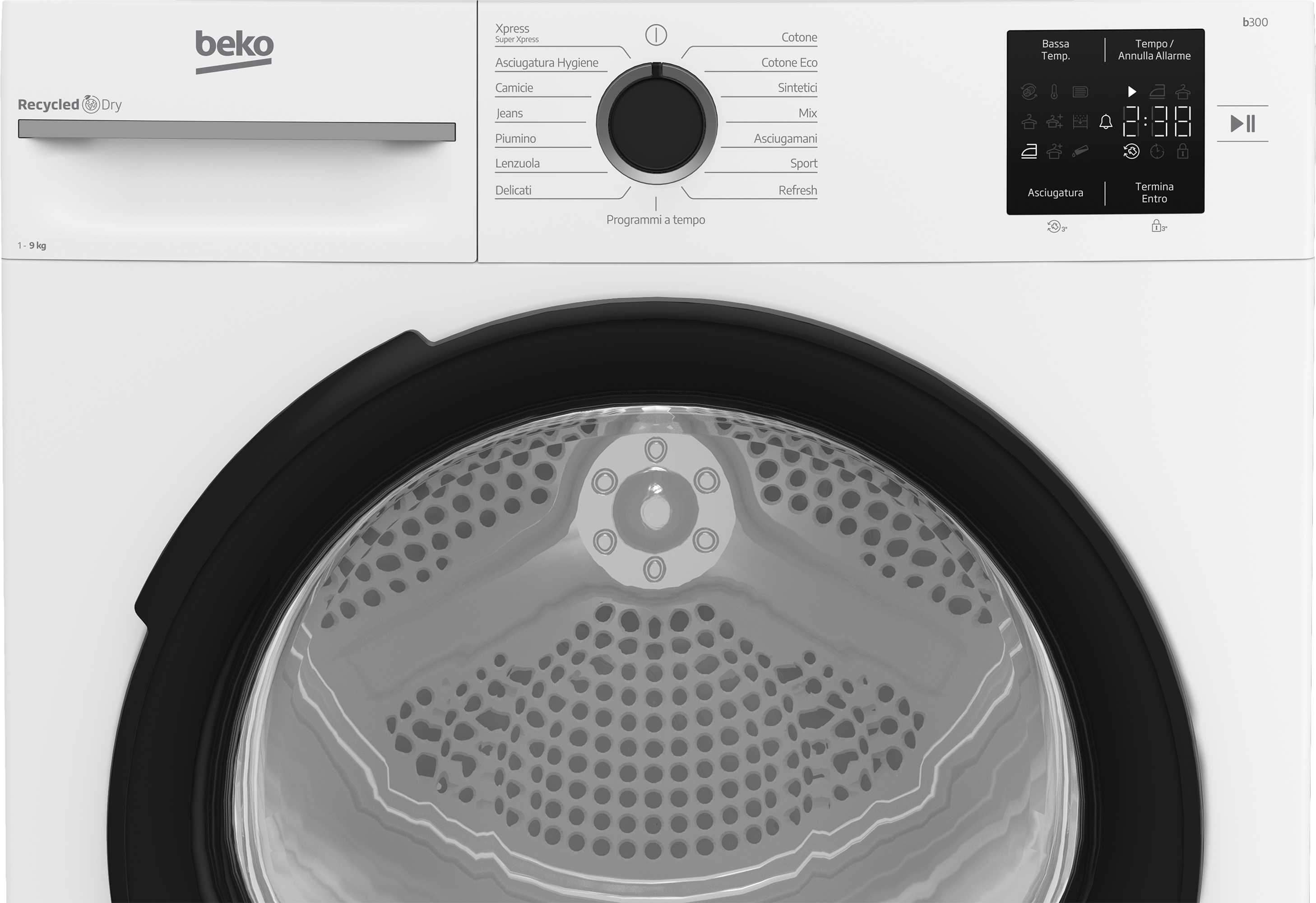 Un'asciugatrice Beko bianca con porta nera. Comandi e display digitale a destra.