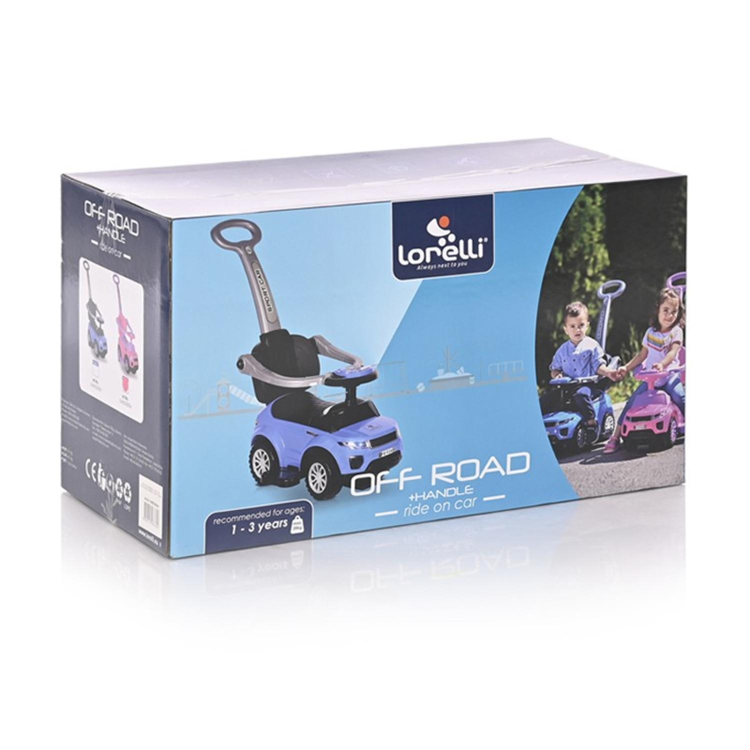 Una caja muestra un coche de juguete azul para montar y niños montando coches similares. La caja dice 'Off Road' y 'Lorelli'.
