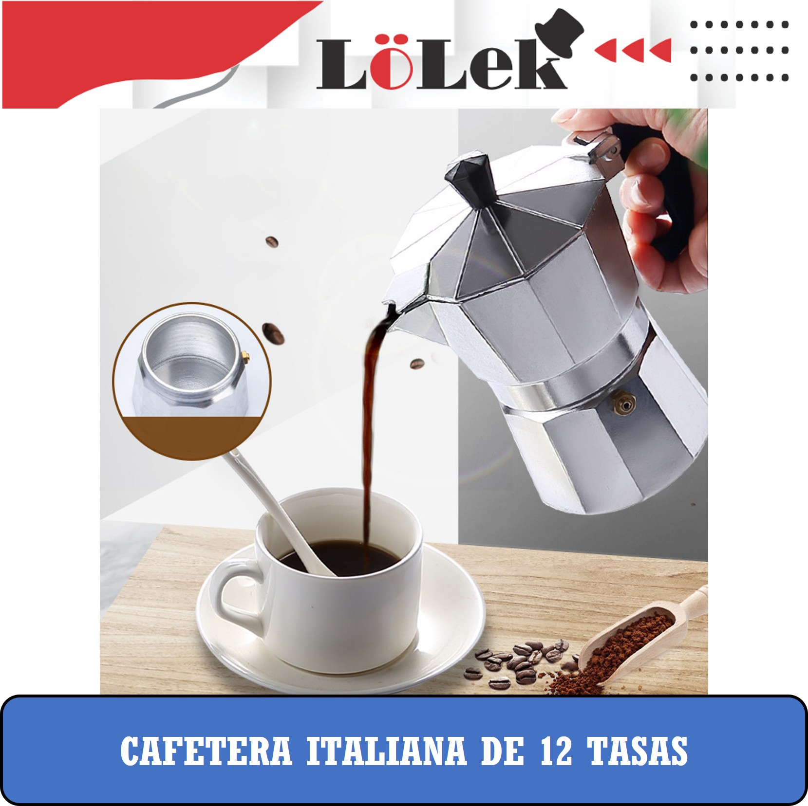 Una cafetera italiana plateada vierte café en una taza blanca. Granos y café molido sobre madera.