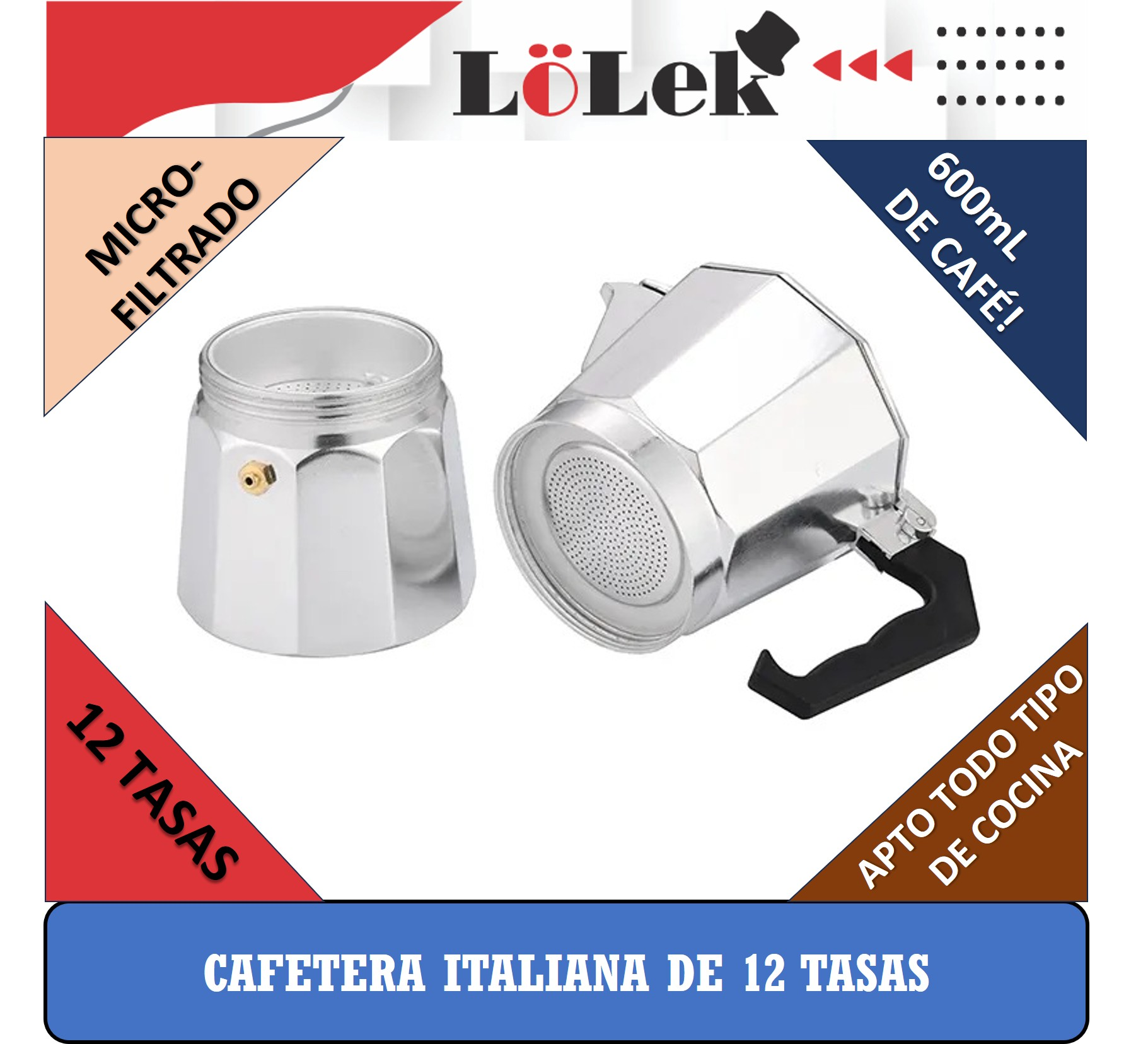 Una cafetera italiana plateada, desmontada. Las etiquetas de texto indican 12 tazas, microfiltrada, 600 ml y apta para todas las encimeras.
