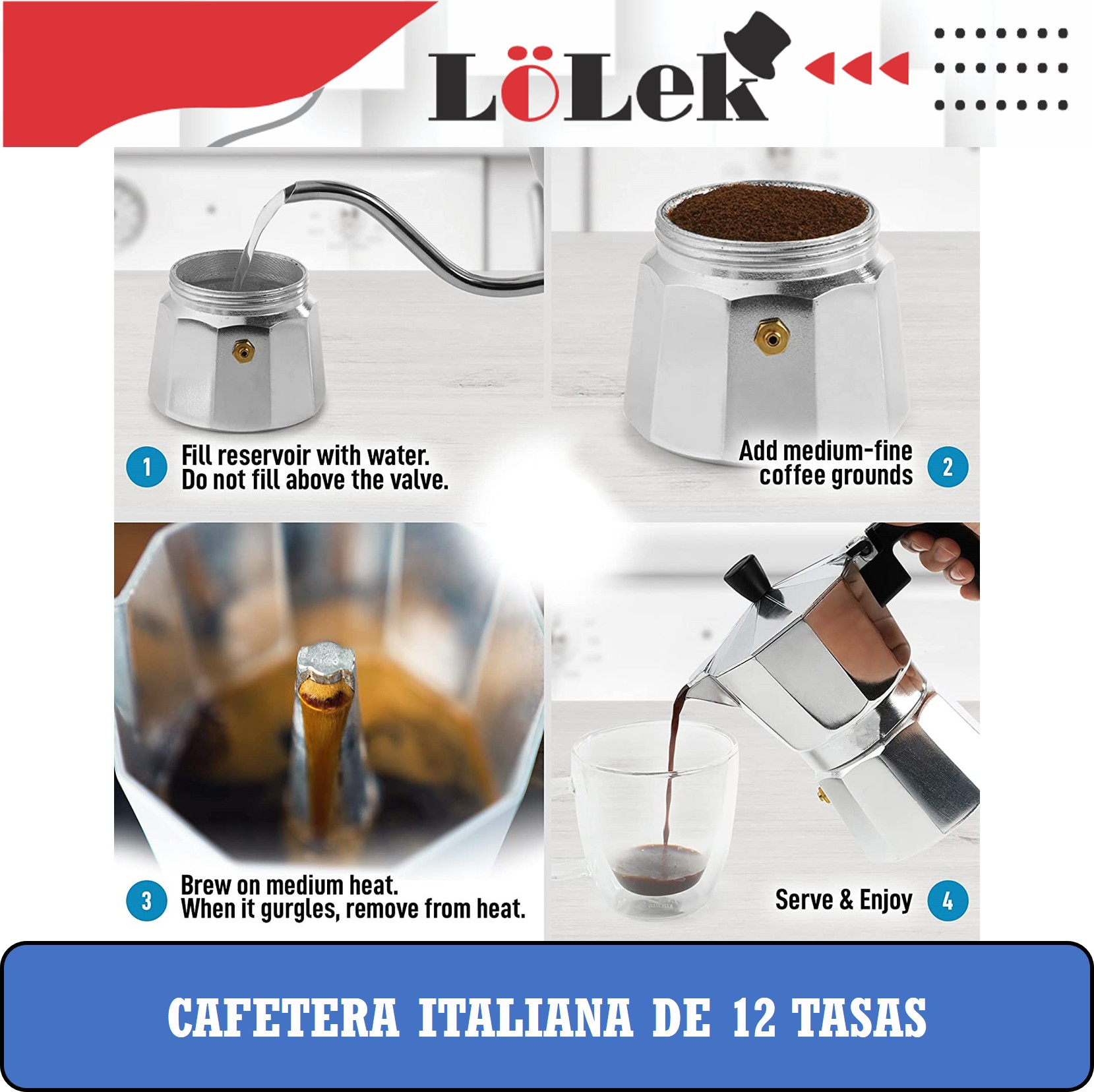 La imagen muestra el proceso de la cafetera: llenado con agua, añadir café, preparar y servir. Es una guía paso a paso.