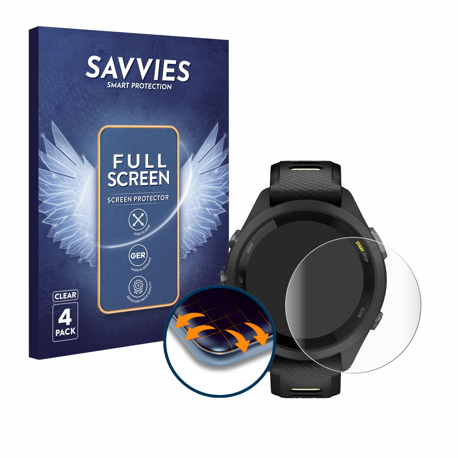 Eine Uhr mit Displayschutzfolie und Verpackung. Die Verpackung trägt die Aufschrift SAVVIES, FULL SCREEN und CLEAR 4 PACK. Die Uhr ist schwarz.