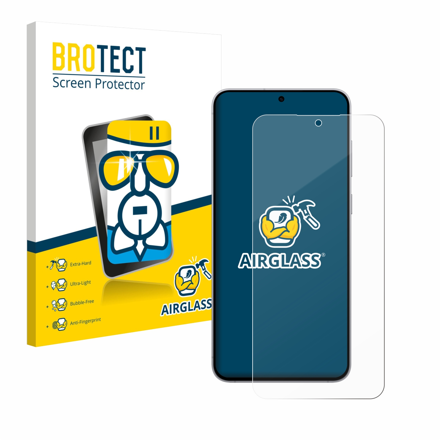 Ein Displayschutz mit seiner Verpackung. Die Verpackung trägt den Markennamen 'BROTECT'. Das Telefon ist blau und hat einen Displayschutz.