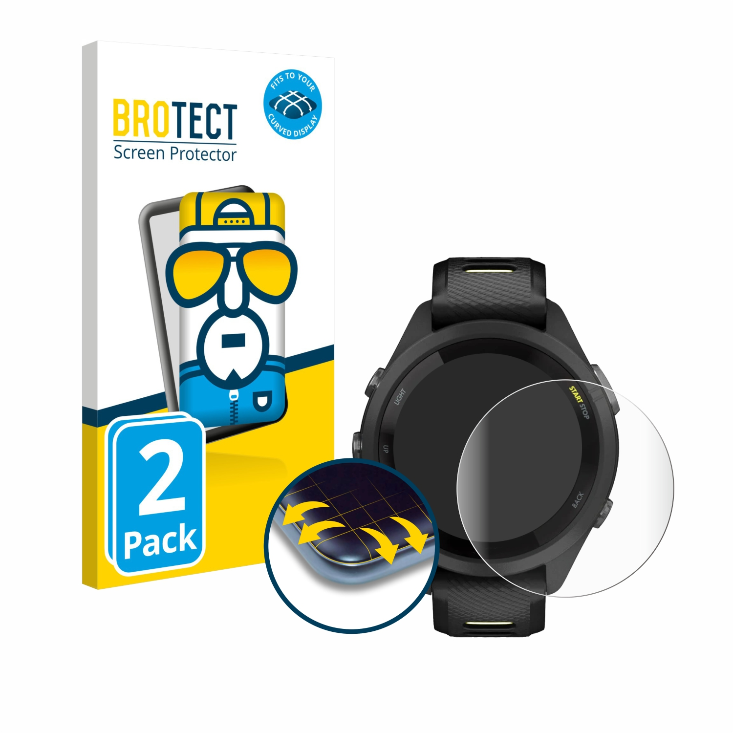 Eine Uhr mit Displayschutzfolie, eine Displayschutzfolienverpackung und ein Aufkleber für gebogene Displays auf weißem Hintergrund.