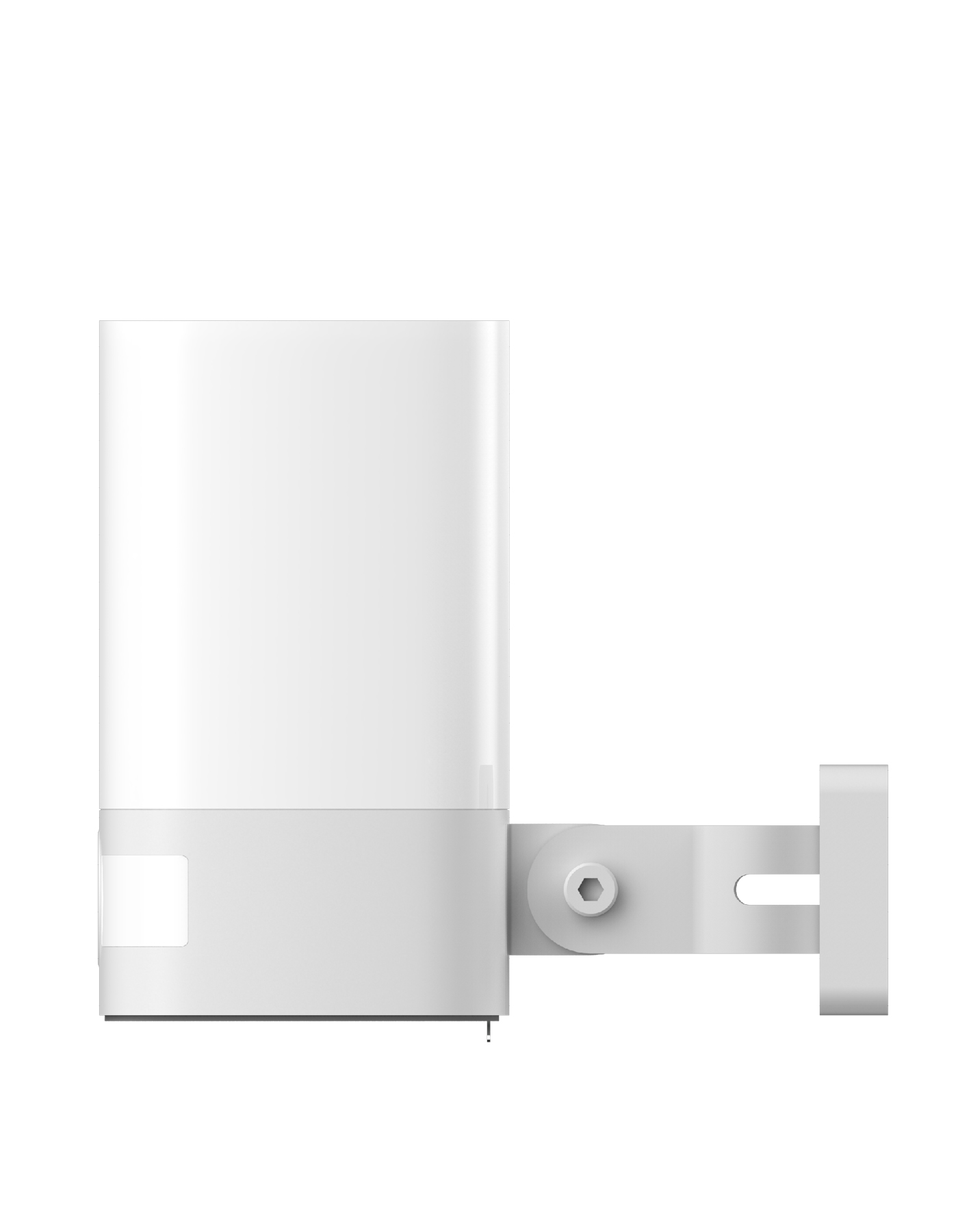 Białe urządzenie z cylindrycznym wierzchem i prostokątną podstawą zamontowane na białym wsporniku. Tło jest białe.