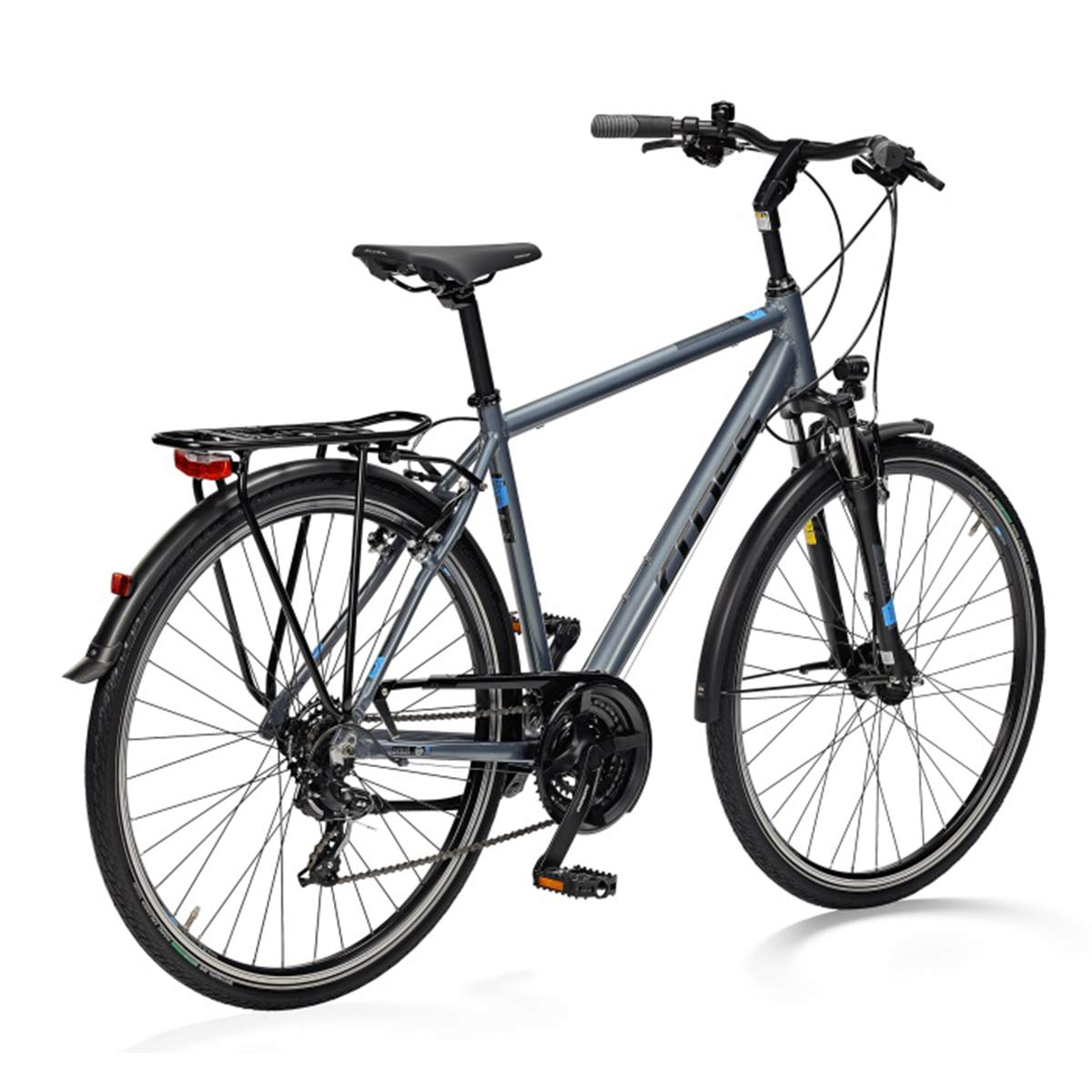 Ein graues Fahrrad mit schwarzen Reifen, Schutzblechen und Gepäckträger steht vor weißem Hintergrund. Merkmale sind Sattel, Lenker und Pedale.