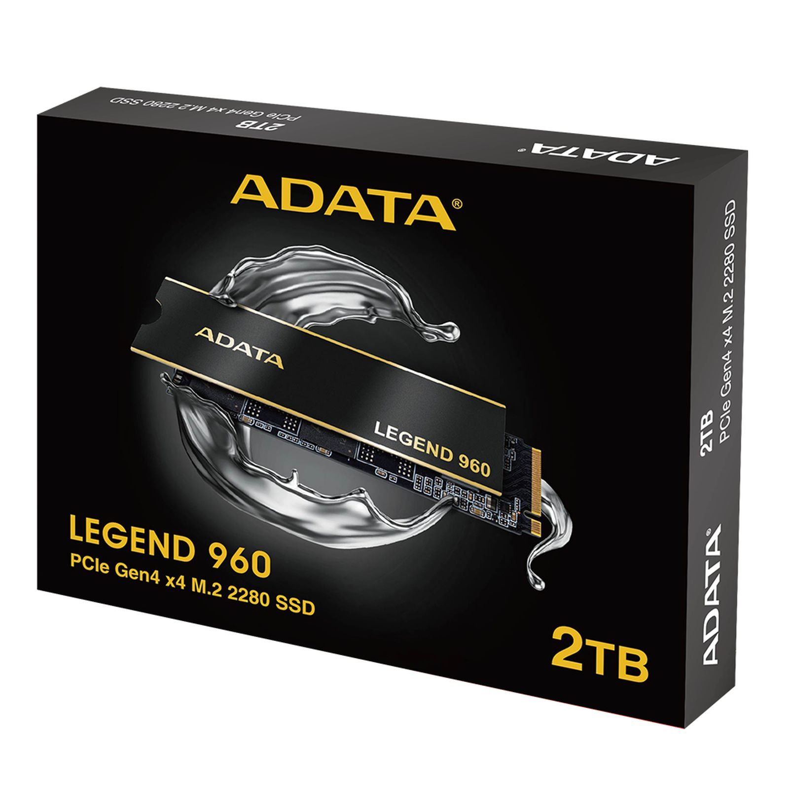 Czarny dysk SSD ADATA LEGEND 960 na czarnym pudełku, z efektem rozprysku wody. Tekst: 2TB, PCIe Gen4 x4 M.2 2280 SSD.