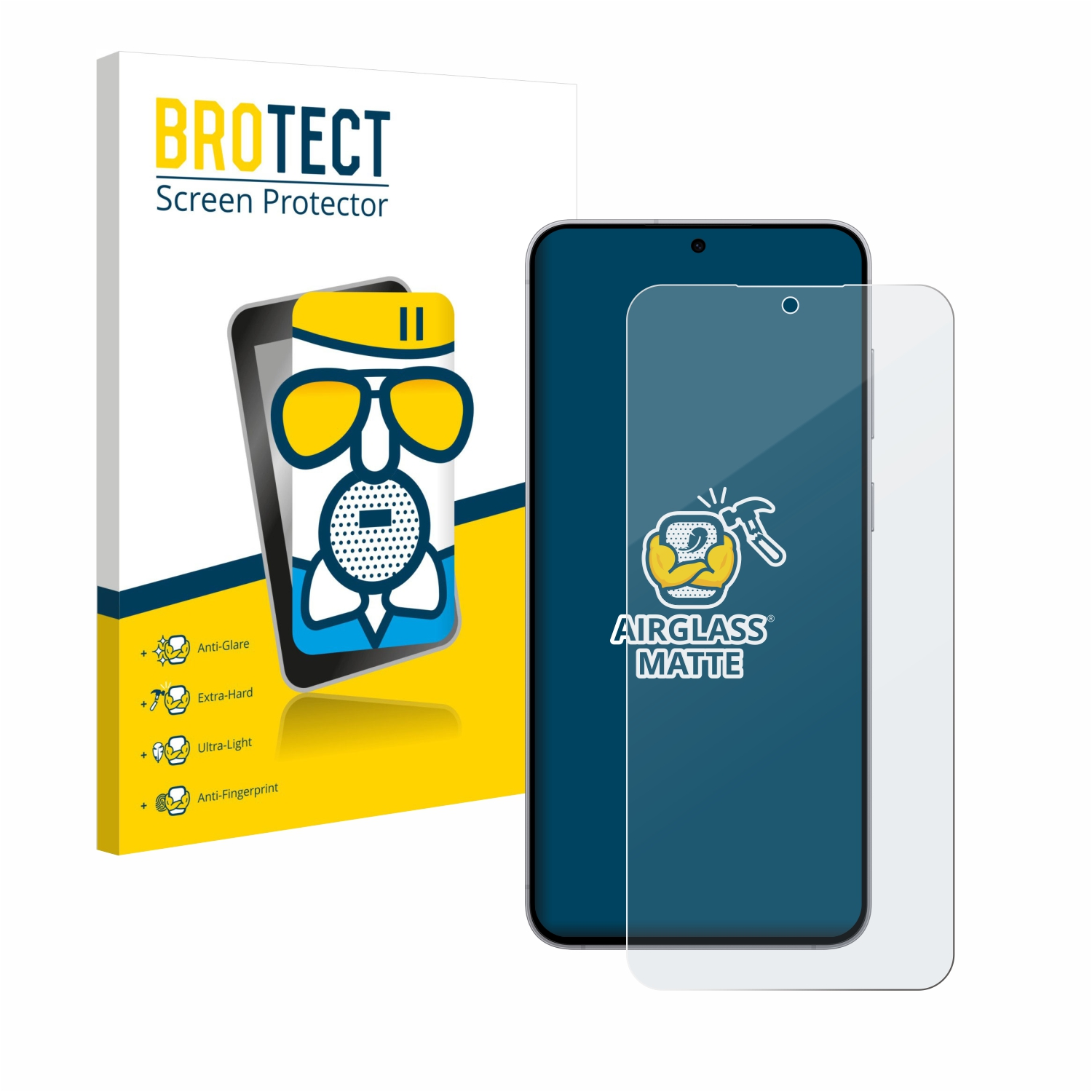 Eine Handy-Displayschutzbox mit Telefon und Schutzfolie. Es steht BROTECT Screen Protector und AirGlass Matte.