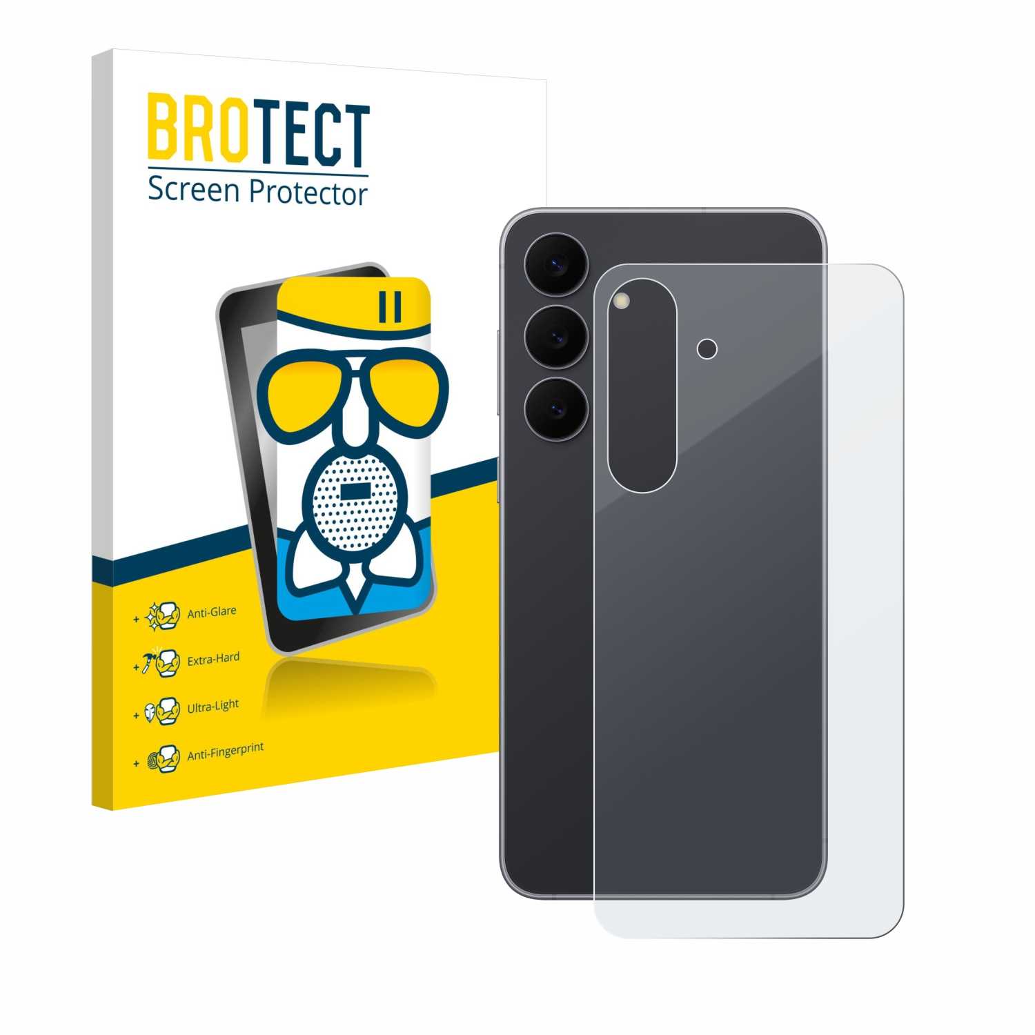 Eine Displayschutzfolienbox neben einem Smartphone mit angebrachter Displayschutzfolie. Die Box hat Text und Symbole. Das Telefon hat Kameras.