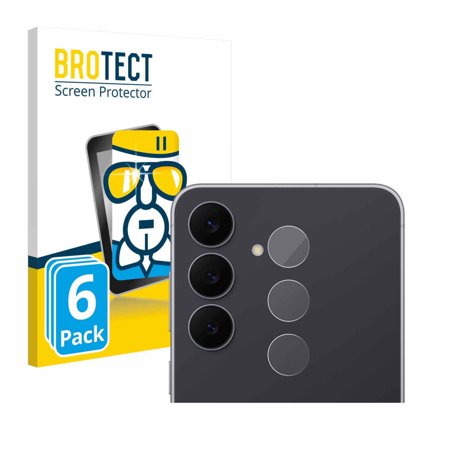 Rückseite eines Telefons mit Kameras und eine Displayschutzfolienbox. Die Box hat 'BROTECT Screen Protector' und '6 Pack' Etiketten.