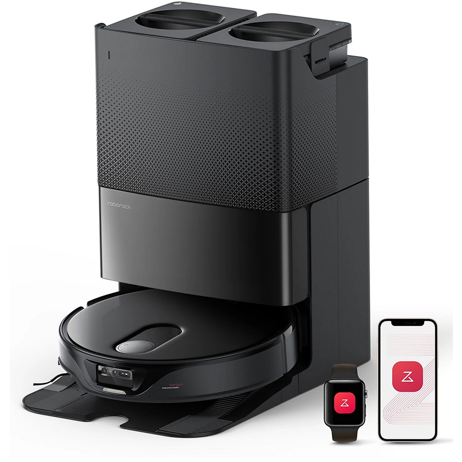 Czarny robot odkurzający ze stacją ładującą, smartwatchem i smartfonem. Wszystkie wyświetlają czerwone logo 'Z'.