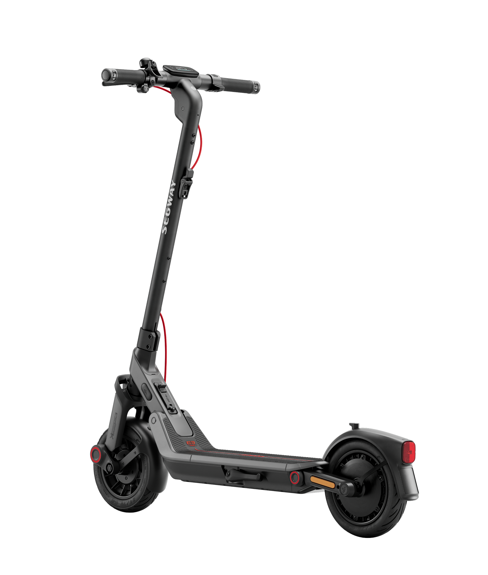 Scooter eléctrico Segway negro sobre fondo blanco. Tiene detalles rojos y una pantalla. Está ligeramente inclinado.