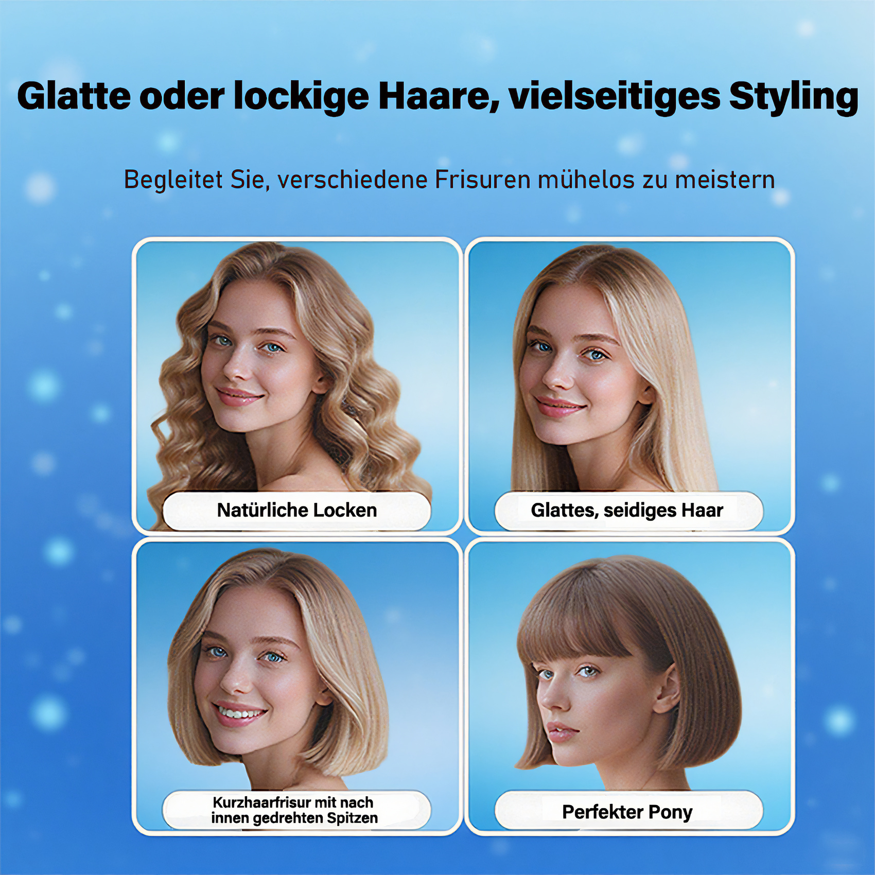 Bild zeigt vier Frauen mit verschiedenen Frisuren: lockig, glatt, kurzer Bob und Bob mit Pony. Der Hintergrund ist blau.