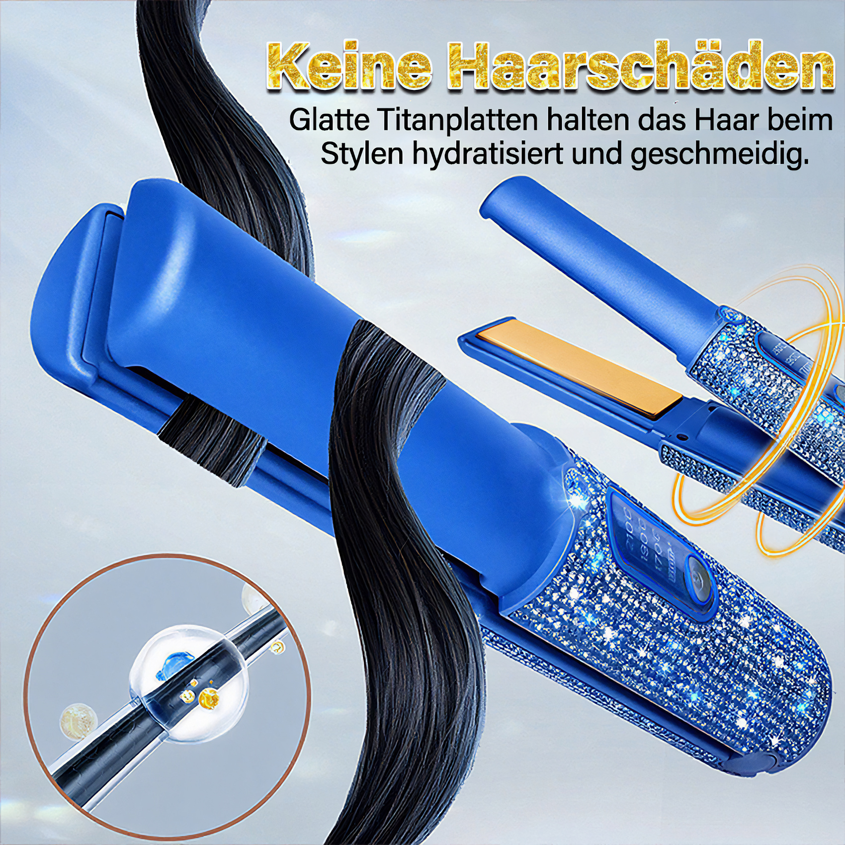 Ein blau-silberner Haarglätter. Schwarzes Haar wird geglättet. Text sagt 'Keine Haarschaeden' und Produktdetails.