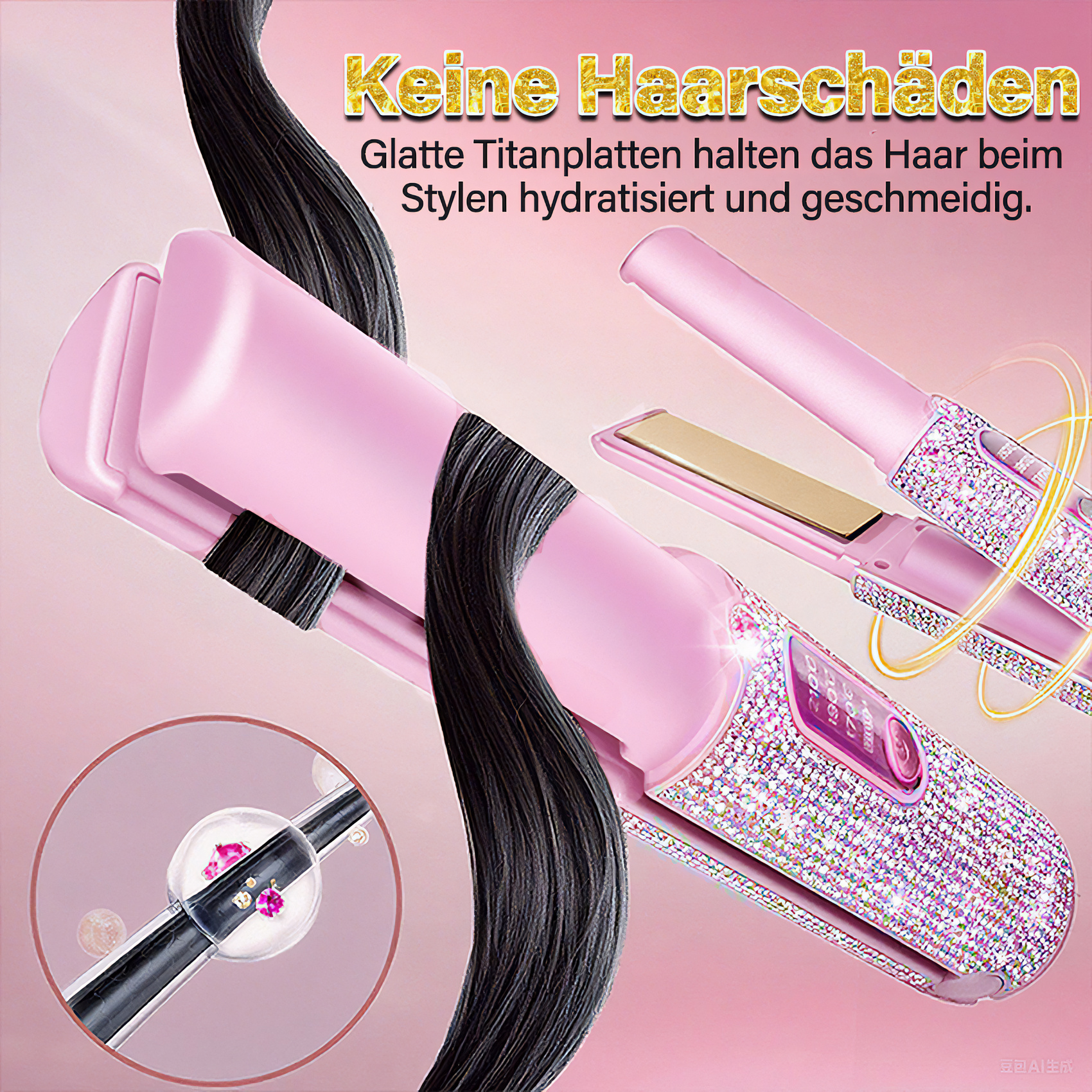 Rosa Haarglätter mit schwarzen Haarsträhnen. Der Glätteisen ist mit Strasssteinen bedeckt. Text auf Deutsch.