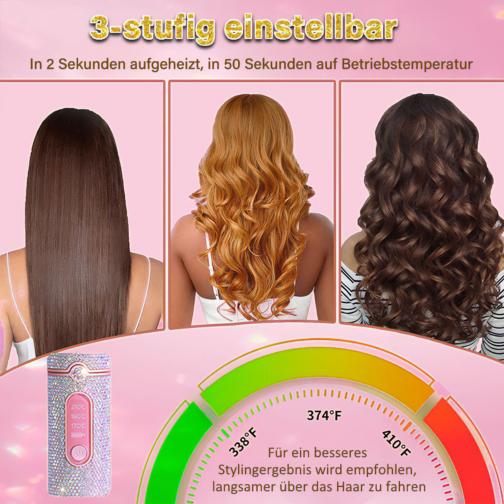 Das Bild zeigt Haarstyling-Optionen mit einem Gerät. Drei Frauen mit verschiedenen Frisuren. Temperatureinstellungen werden angezeigt.