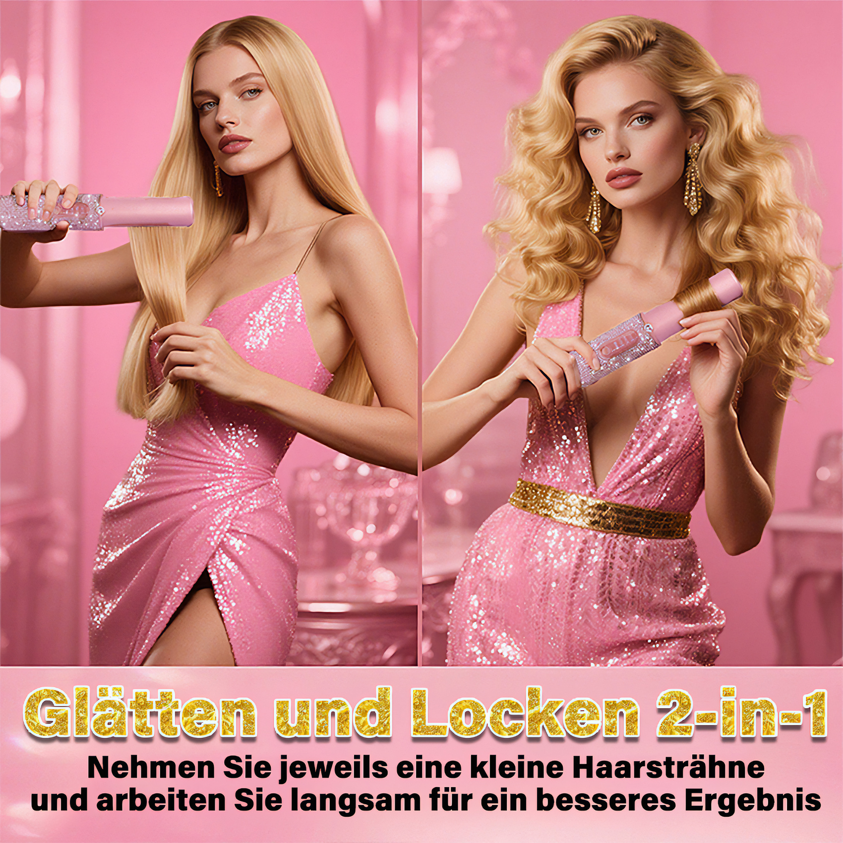 Zwei Frauen stylen Haare mit einem rosa Lockenstab. Eine hat glattes Haar, die andere Locken. Pinker Hintergrund, goldene Akzente.