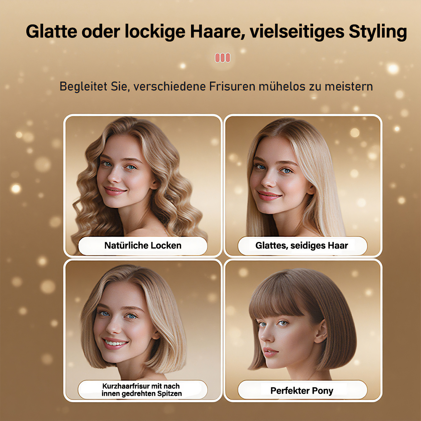 Das Bild zeigt vier Frauen mit verschiedenen Frisuren: lockig, glatt, kurzer Bob und ein perfekter Pony, vor goldenem Hintergrund.