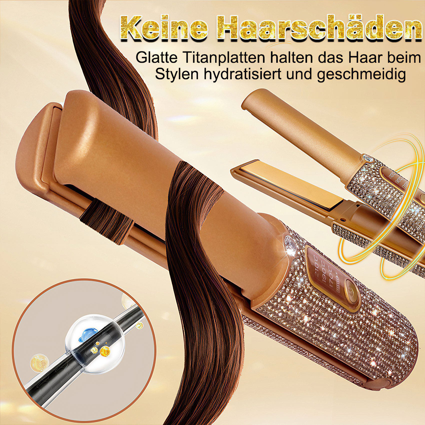Ein goldener Haarglätter mit Diamantakzenten und dunkelbraunem Haar. Text: Keine Haarschäden.