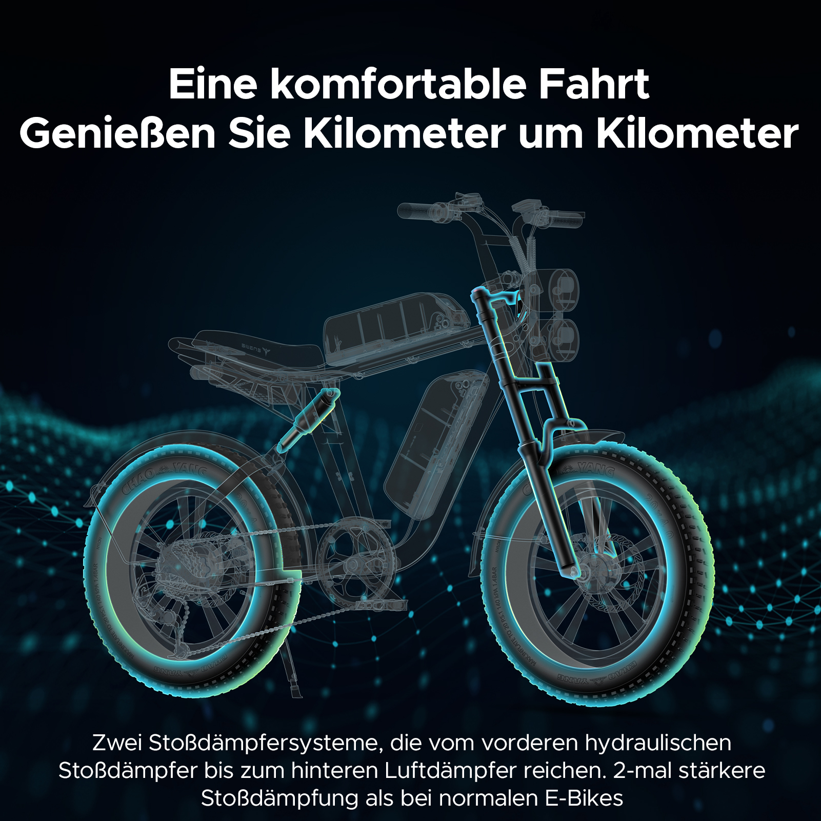 Ein E-Bike wird mit einem detaillierten Diagramm gezeigt. Text: Genießen Sie Kilometer um Kilometer.