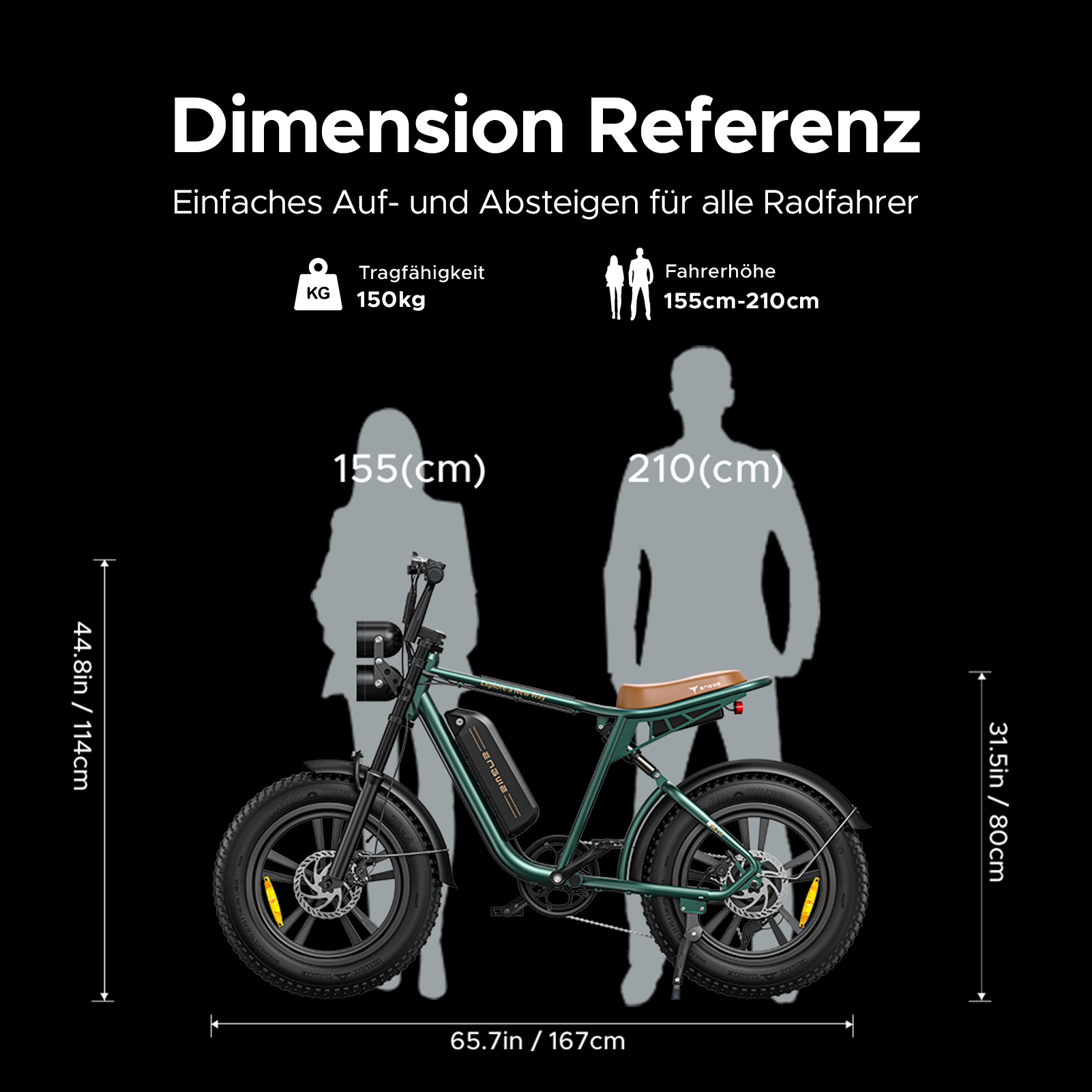 Grünes E-Bike mit braunem Sitz. Abmessungen mit Personensilhouetten dargestellt. Text zeigt Tragfähigkeit und Fahrergröße.