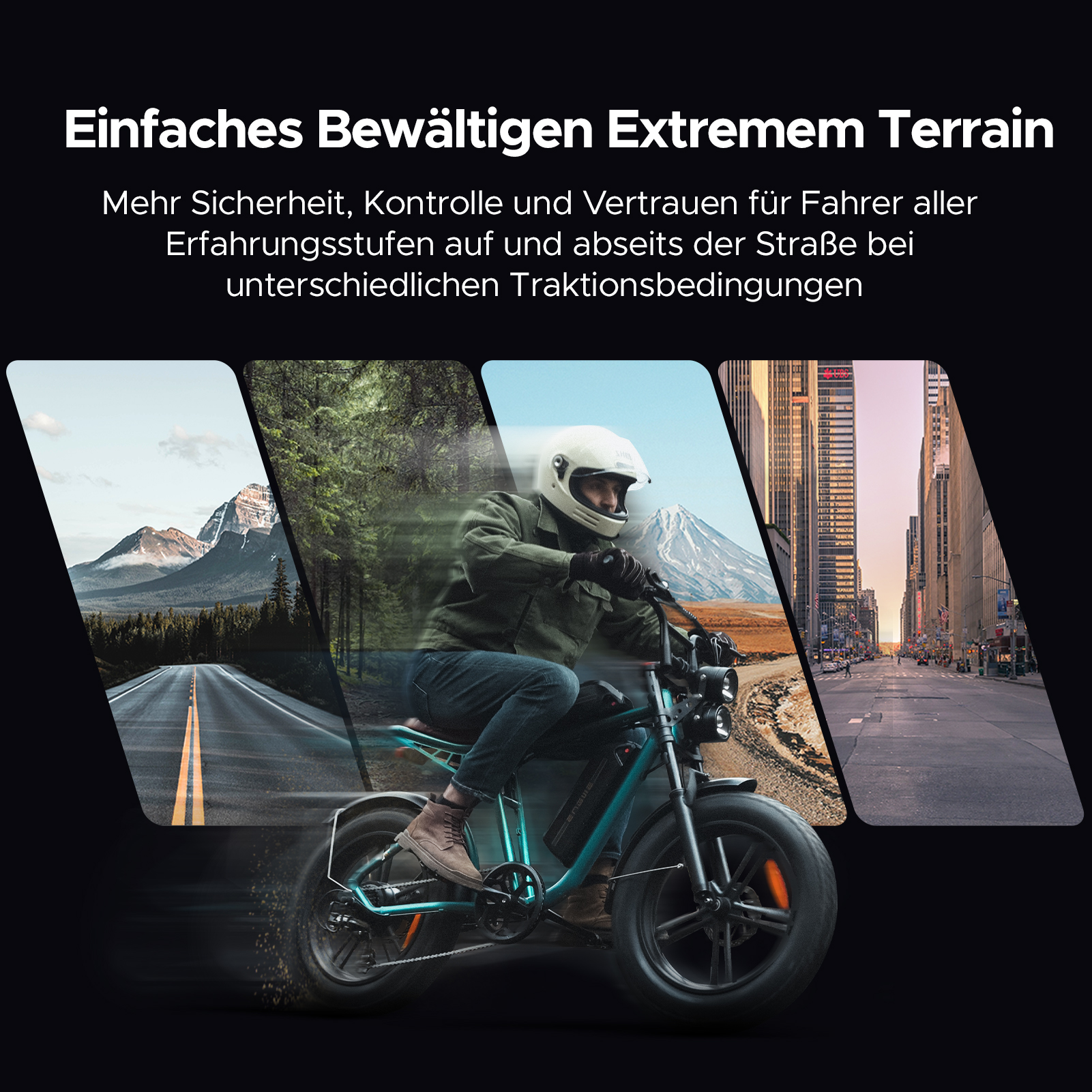 Ein Elektrofahrrad mit Fahrer wird gezeigt. Hintergründe sind eine Bergstraße, ein Wald und eine Stadtstraße.