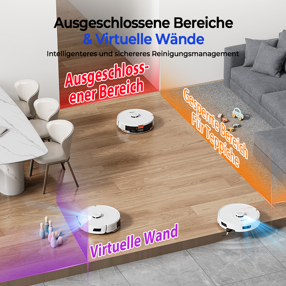 Aspirapolvere robotici su pavimento in legno con pareti virtuali e zone di esclusione. Un divano e un tavolo sono presenti.