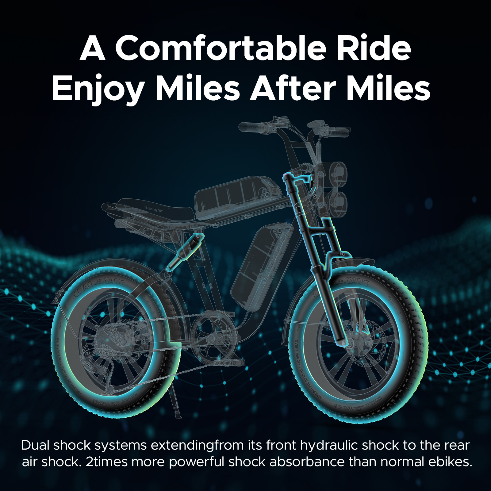Un contorno di bici elettrica con testo 'A Comfortable Ride Enjoy Miles After Miles'. Il testo dice sistemi a doppio ammortizzatore.