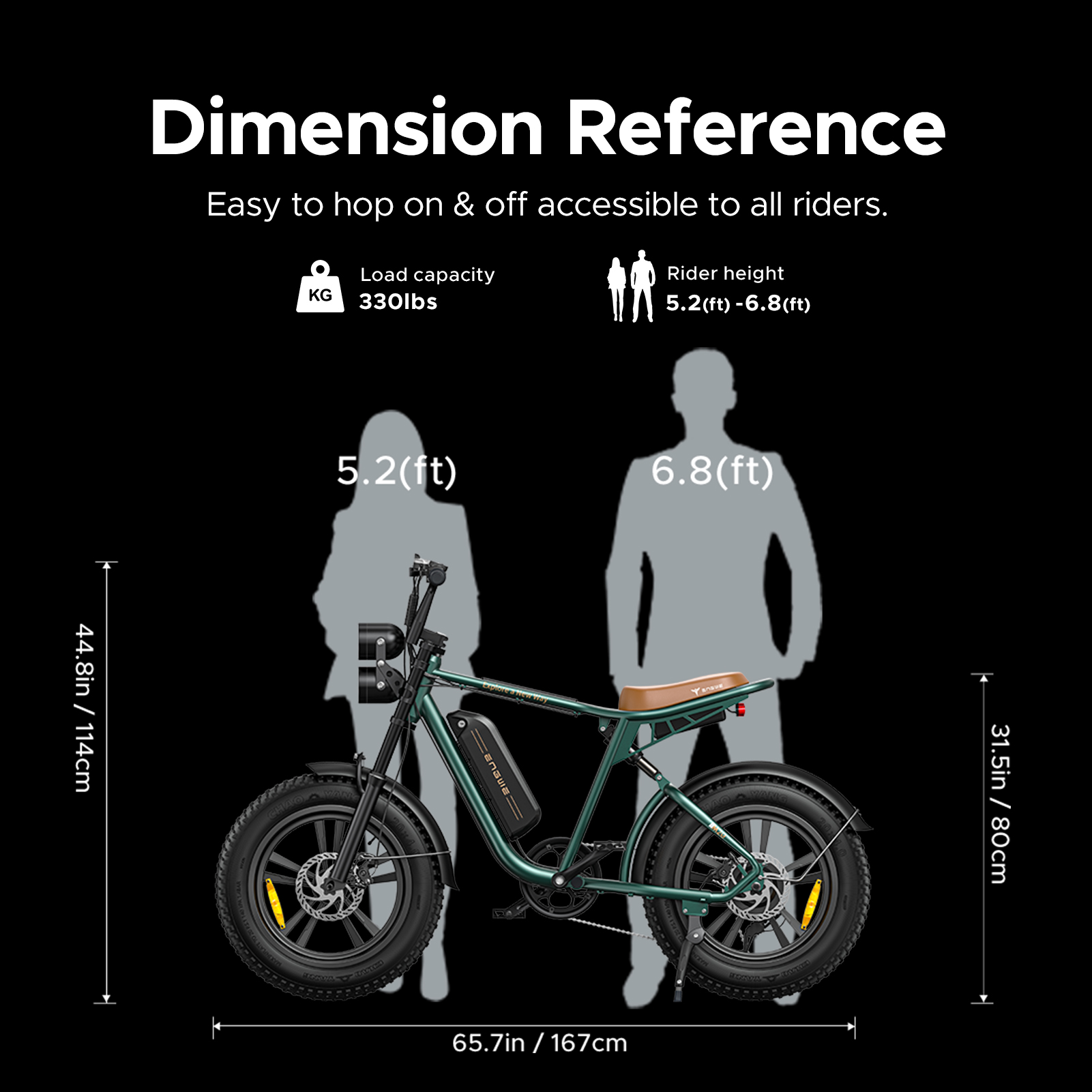 Una bici elettrica verde con sella marrone. Dimensioni e altezza del ciclista sono visualizzate su sfondo nero.