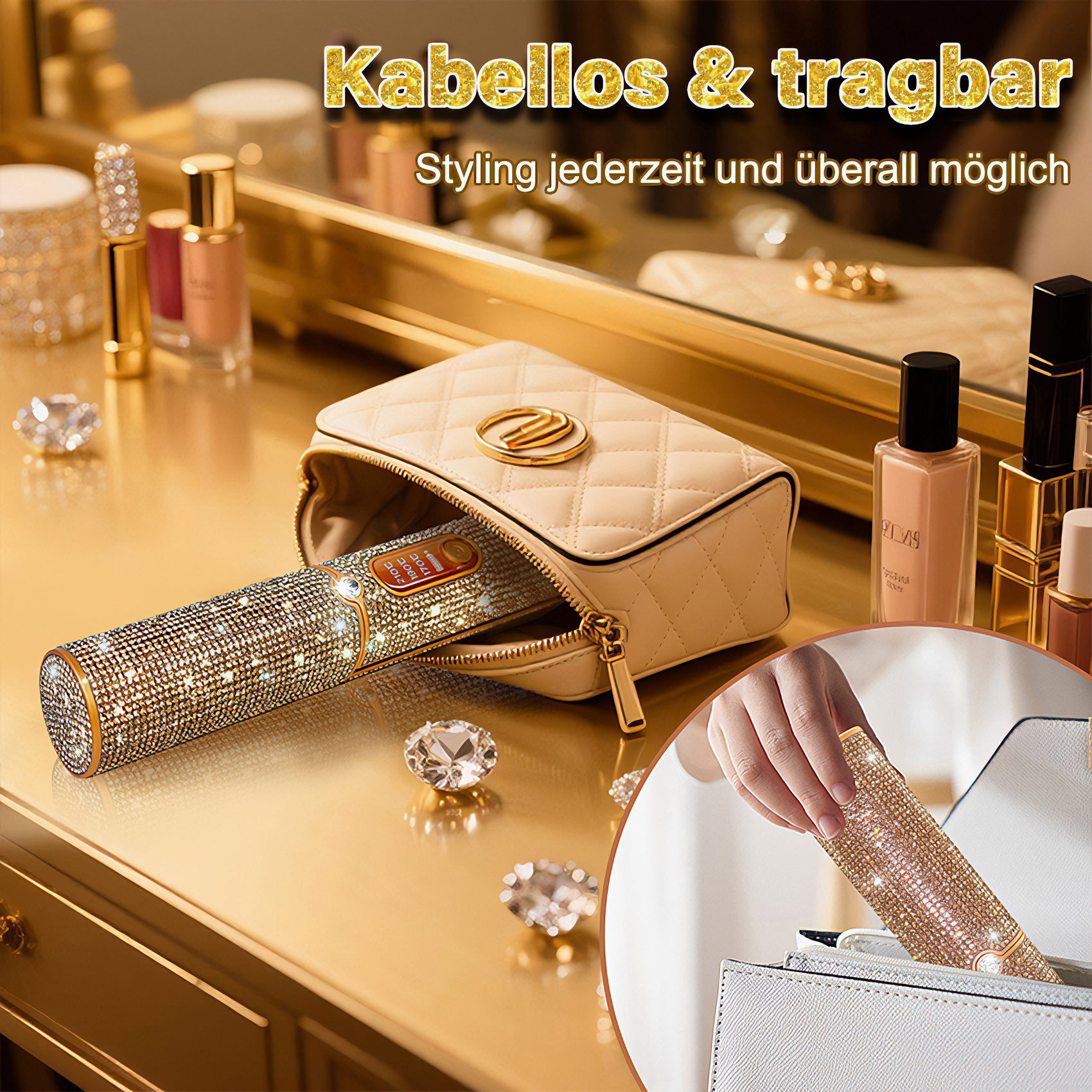 Ein mit Juwelen besetztes Haarstyling-Werkzeug befindet sich in einer cremefarbenen Handtasche auf einer goldenen Oberfläche.
