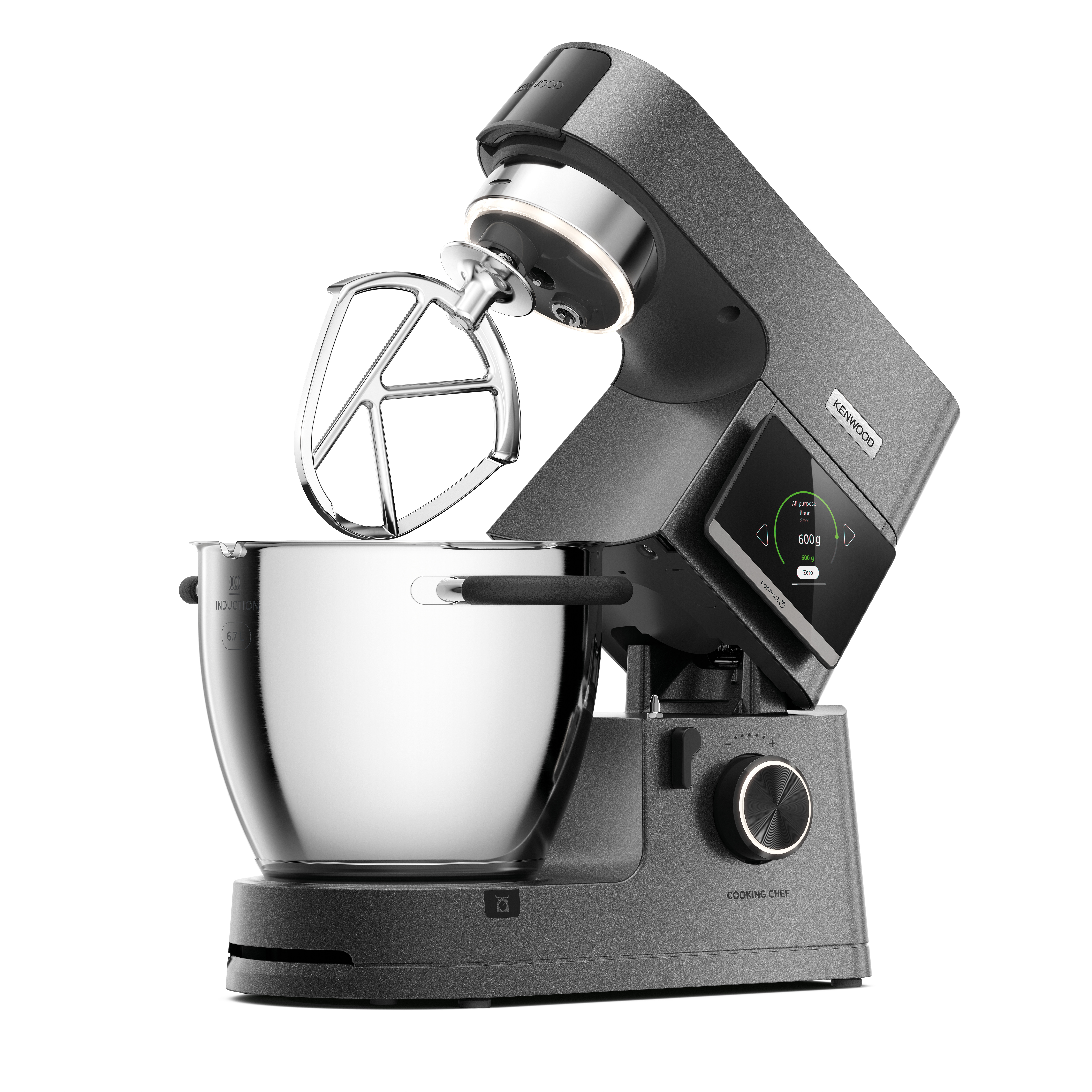Ein grauer Kenwood Cooking Chef Küchenmaschine. Sie hat eine Edelstahlschüssel und ein Digitaldisplay.