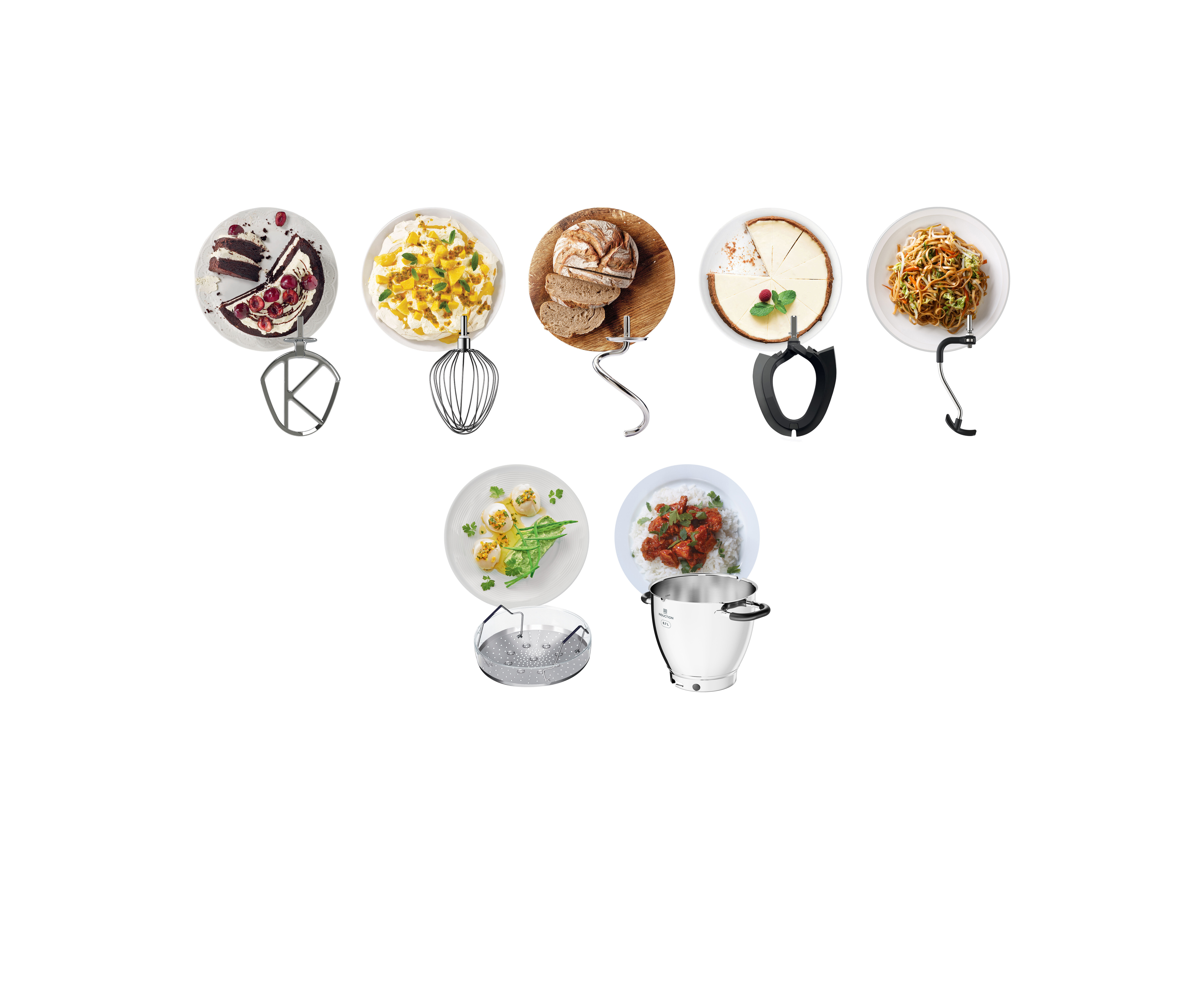 Verschiedene Gerichte auf weißen Tellern und Schüsseln. Das Essen umfasst Kuchen, Nudeln, Brot und andere Artikel auf weißem Hintergrund.