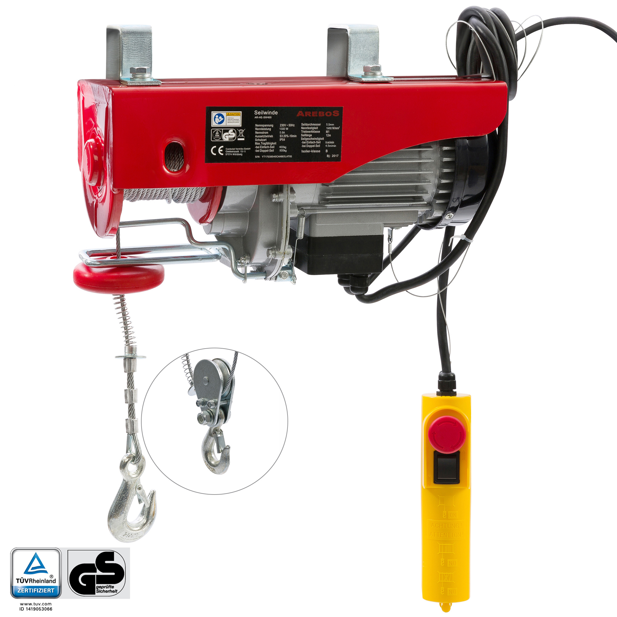 Eine rote elektrische Seilwinde mit Stahlseil und gelbem Bedienfeld. Sie hat einen Haken und ein Sicherheitszertifizierungslogo.