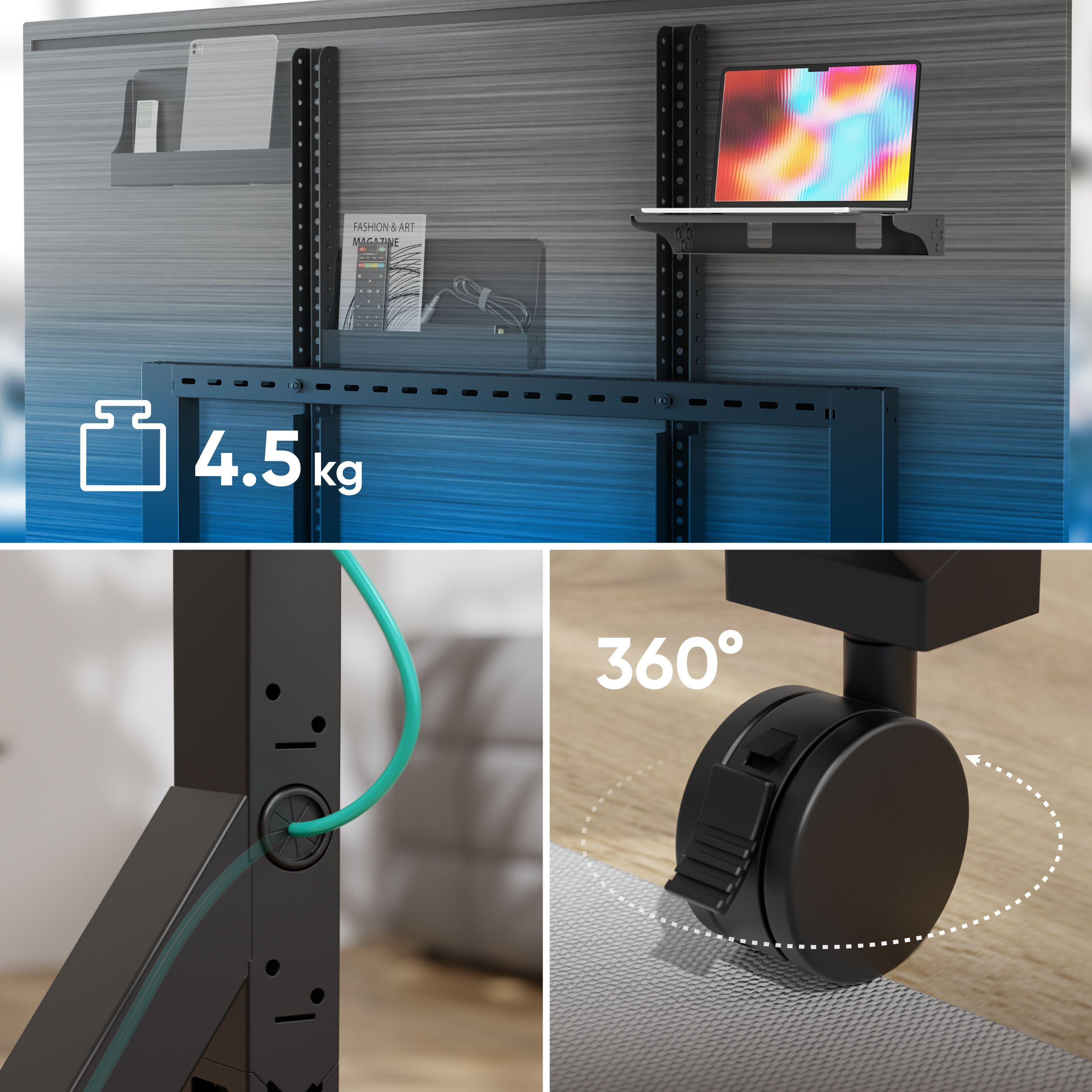 Un supporto TV nero con ripiani, un laptop, riviste e un cavo verde. Ha ruote per la mobilità.