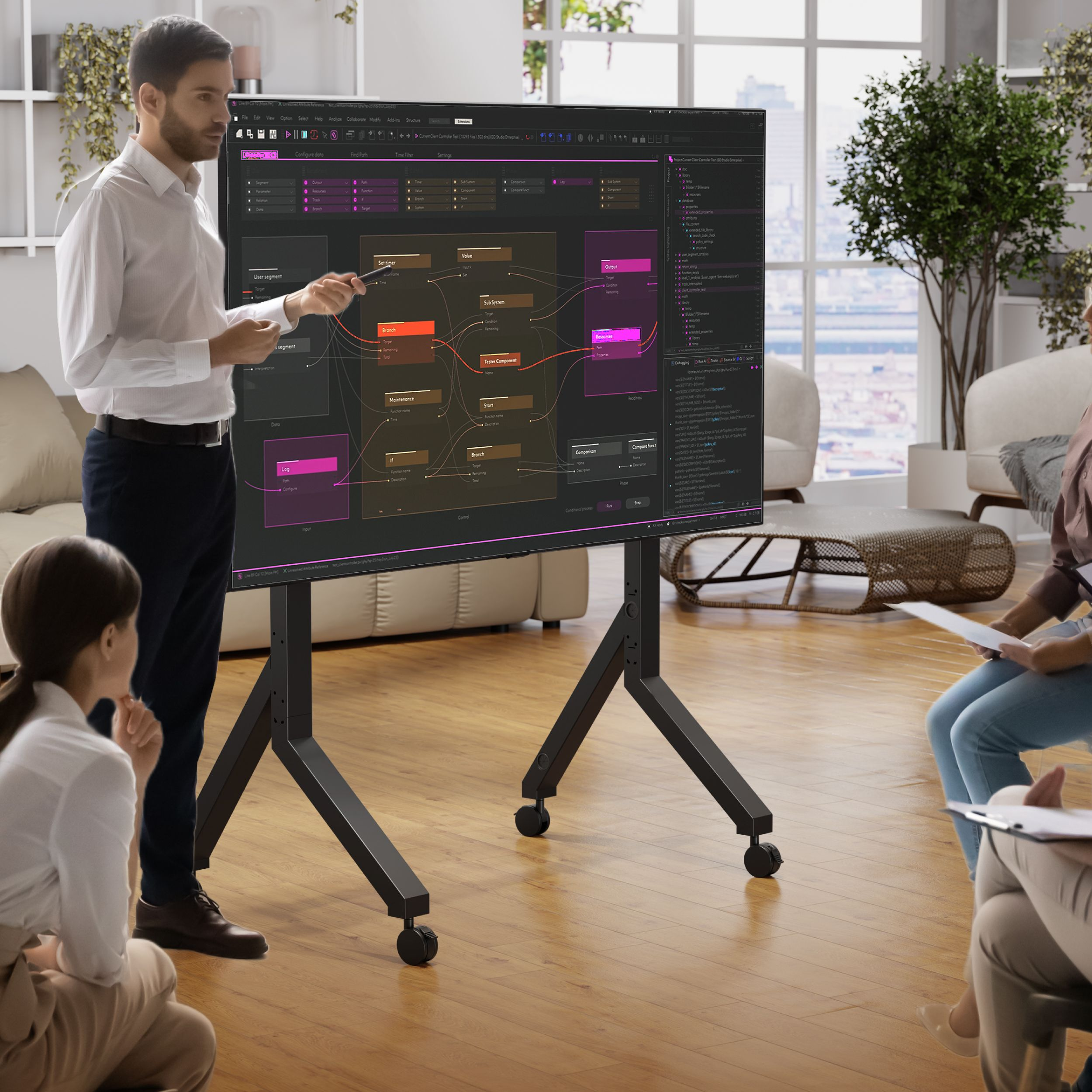 Un uomo presenta un diagramma software su un grande schermo a un gruppo seduto.