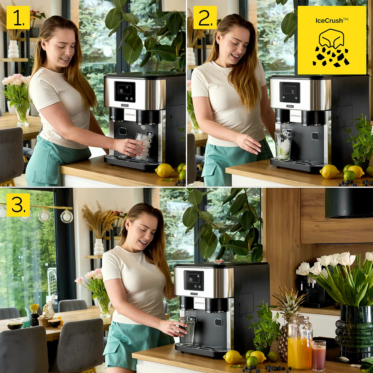 Kobieta używa kostkarki, wlewa lód do szklanki. Cytryny, limonki i rośliny na blacie.