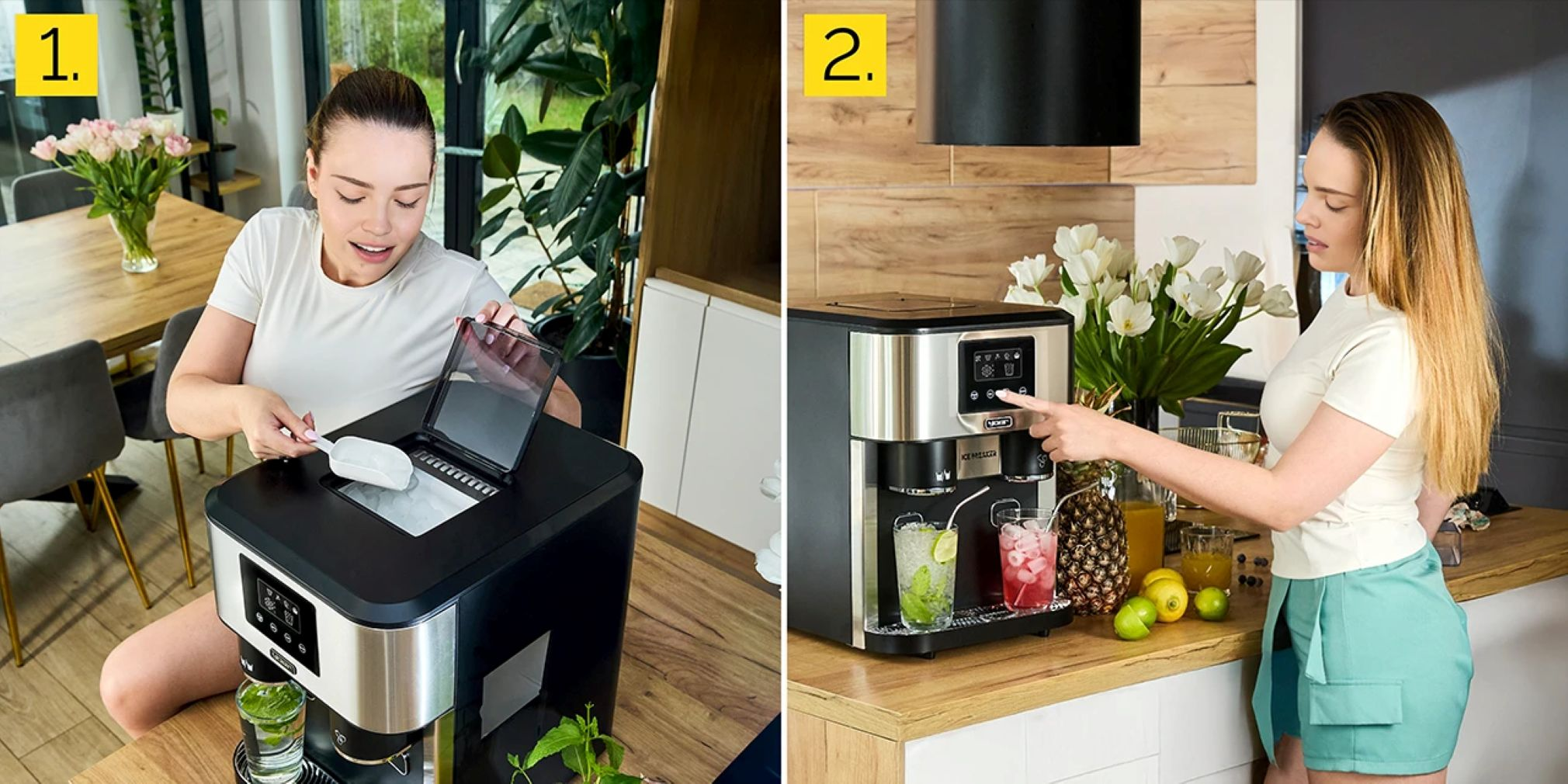 Kobieta używa kostkarki do lodu. Nabiera lód i wkłada go do maszyny. Szklanka napoju znajduje się przed urządzeniem.