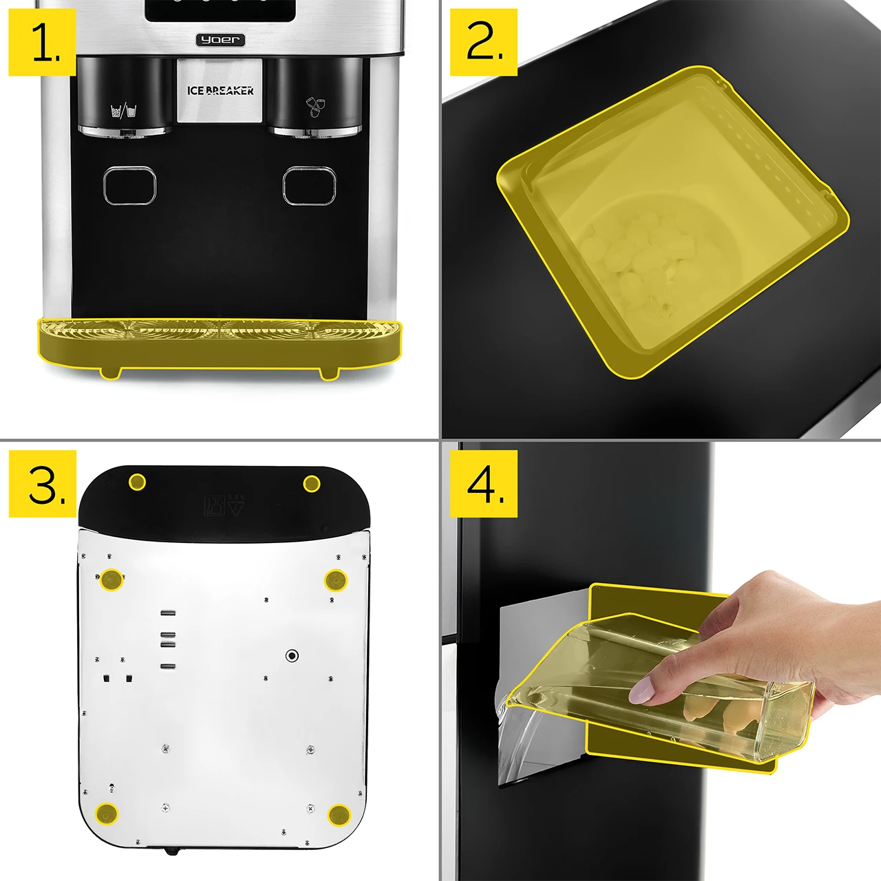 Dystrybutor wody z kostkarką do lodu. Żółta tacka na lód z kostkami. Spód dystrybutora. Ręka nalewająca wodę.