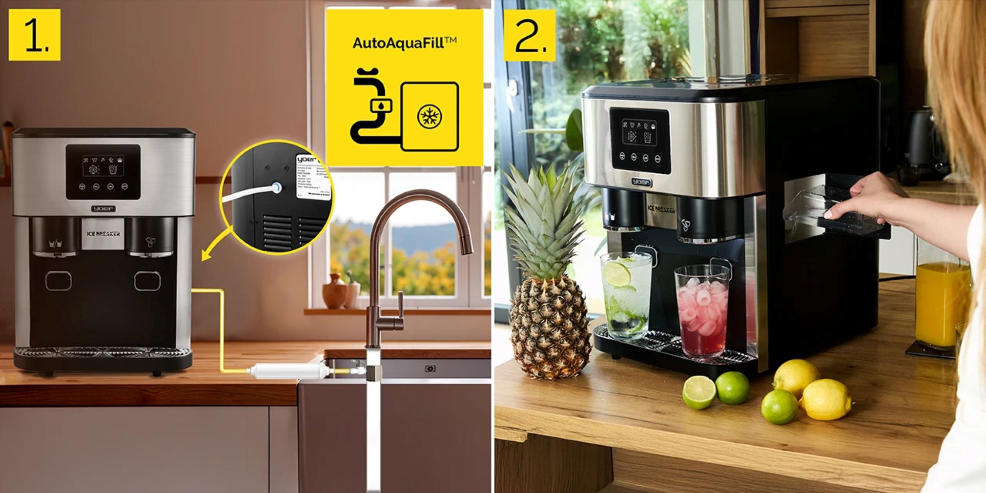 Maszyna do lodu z filtrem wody. Ananas, limonki i szklanki z napojami stoją na drewnianym blacie w pobliżu maszyny.