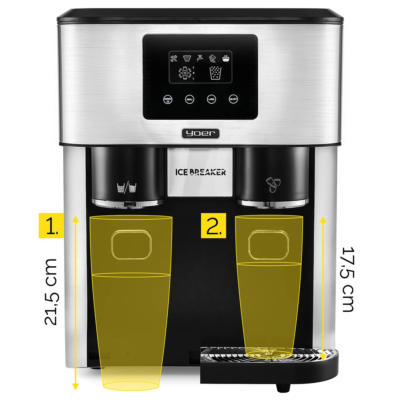 Wytwornica lodu ze stali nierdzewnej z cyfrowym wyświetlaczem i dwoma szklankami, jedna 21,5 cm, druga 17,5 cm wysokości.