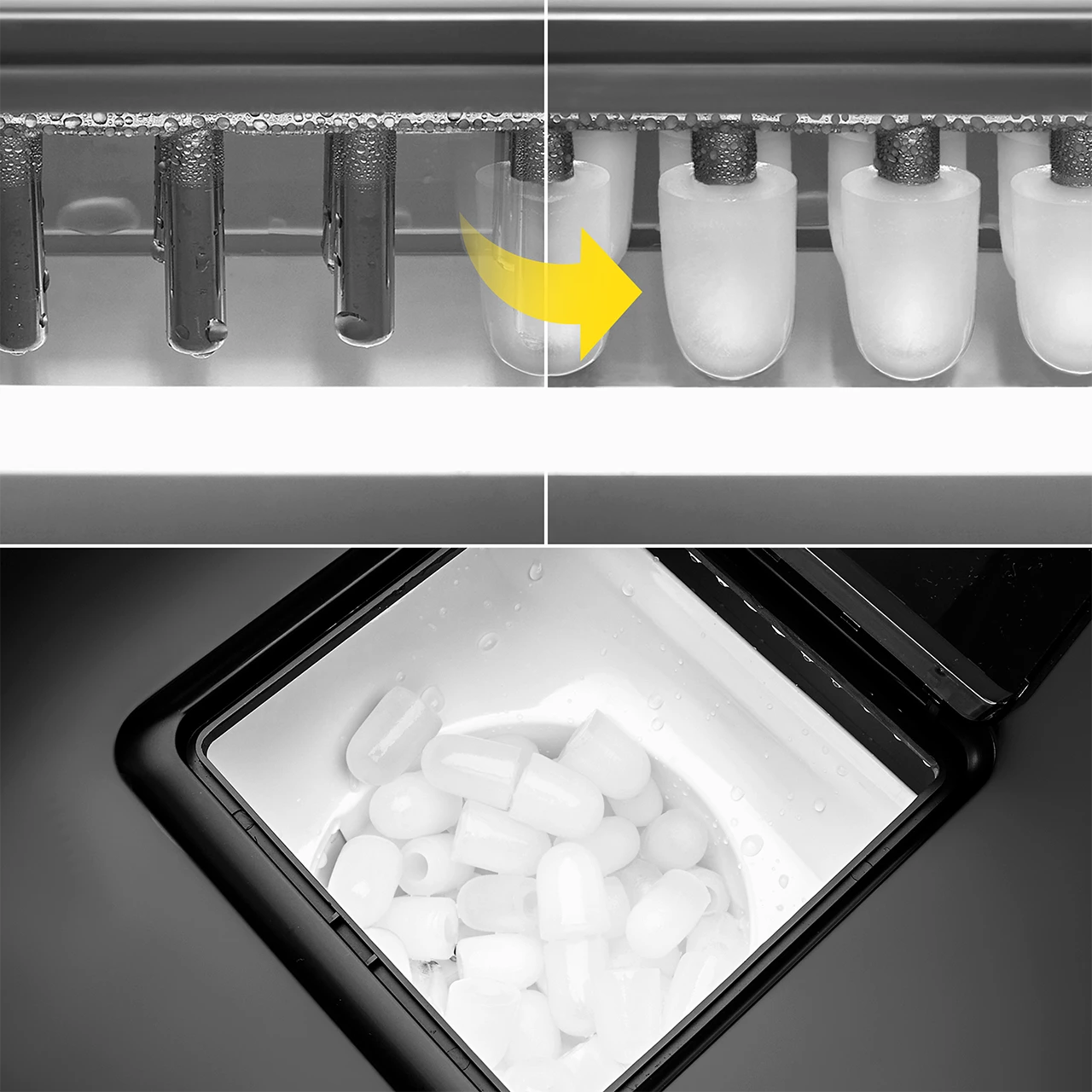 Maszyna do lodu pokazująca transformację wody w lód. Woda w rurkach zmienia się w lód, który wpada do obszaru zbierania.