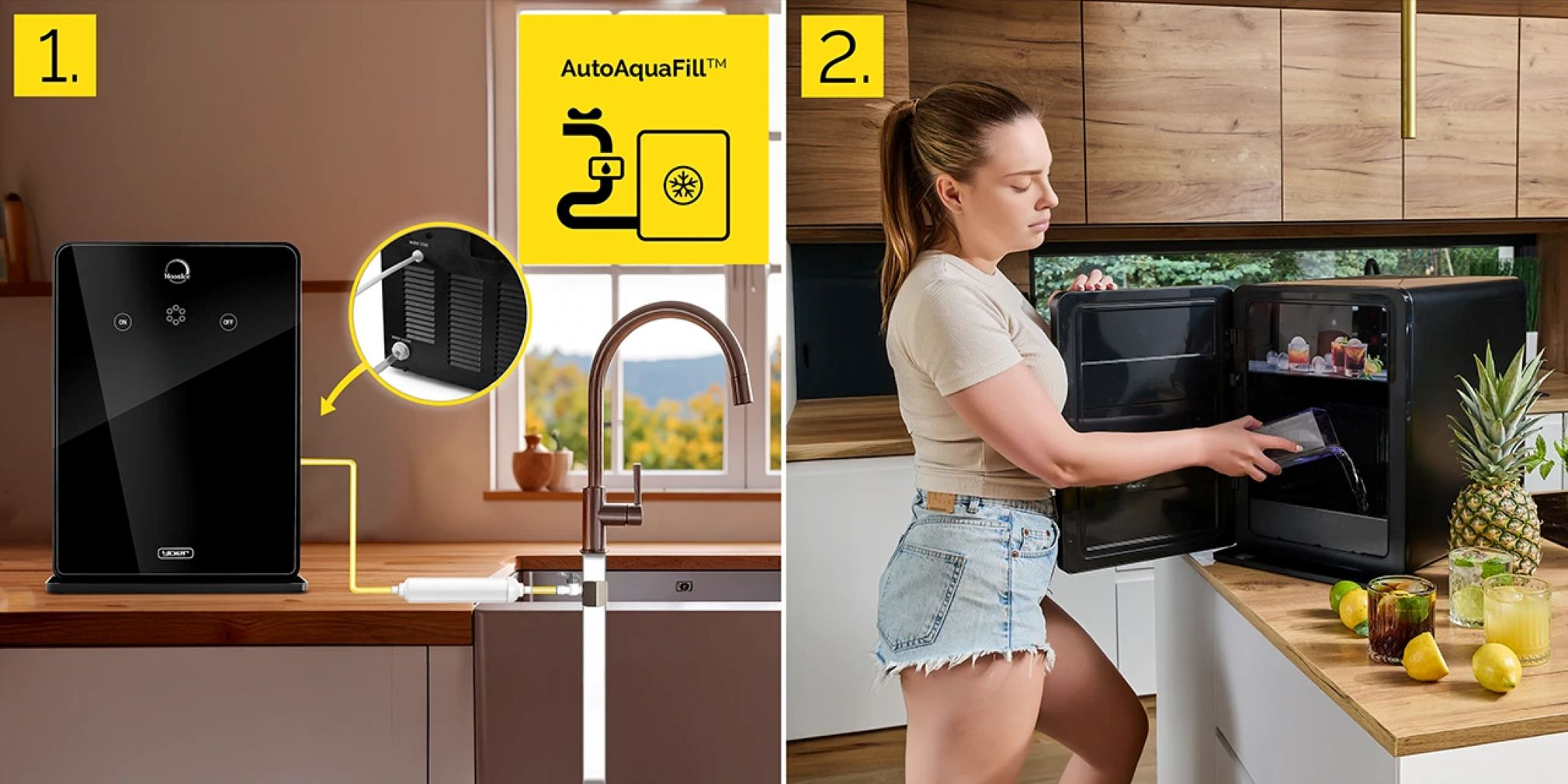 Obraz 1: Czarny dystrybutor wody. Obraz 2: Kobieta wlewa wodę do mini-lodówki z napojami. Ananas i napoje na blacie.