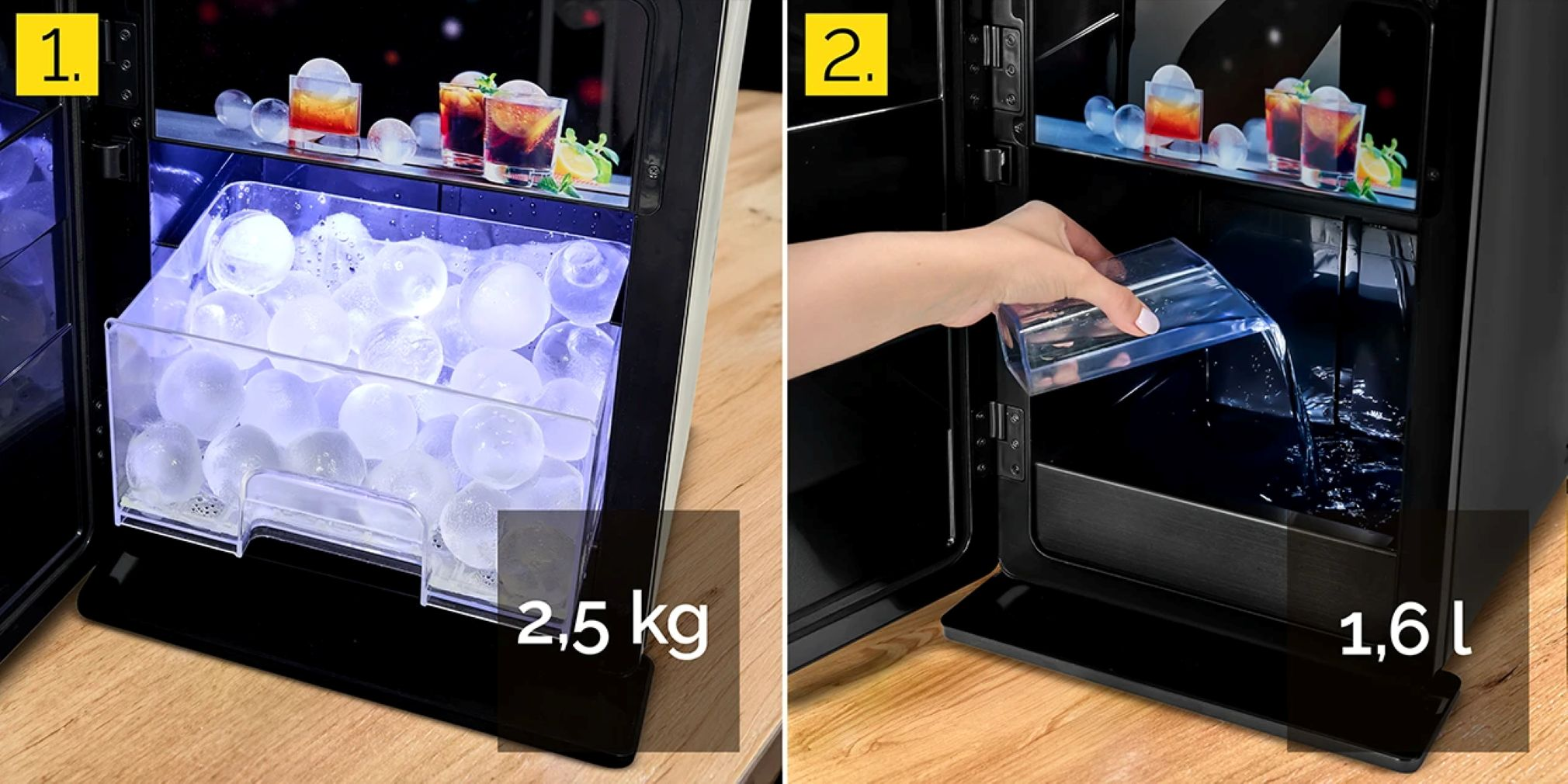 Maszyna do lodu z pełnym pojemnikiem na lód i osoba wlewająca do niej wodę. Na górze maszyny widoczne są napoje.