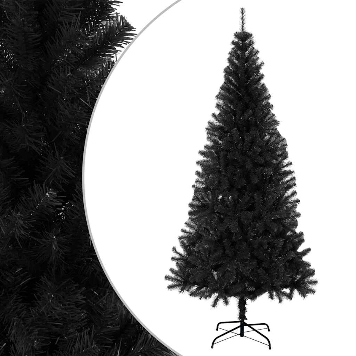 Ein schwarzer Weihnachtsbaum mit Metallständer vor weißem Hintergrund. Der Baum ist voll und verjüngt sich, mit sichtbaren Nadeln.
