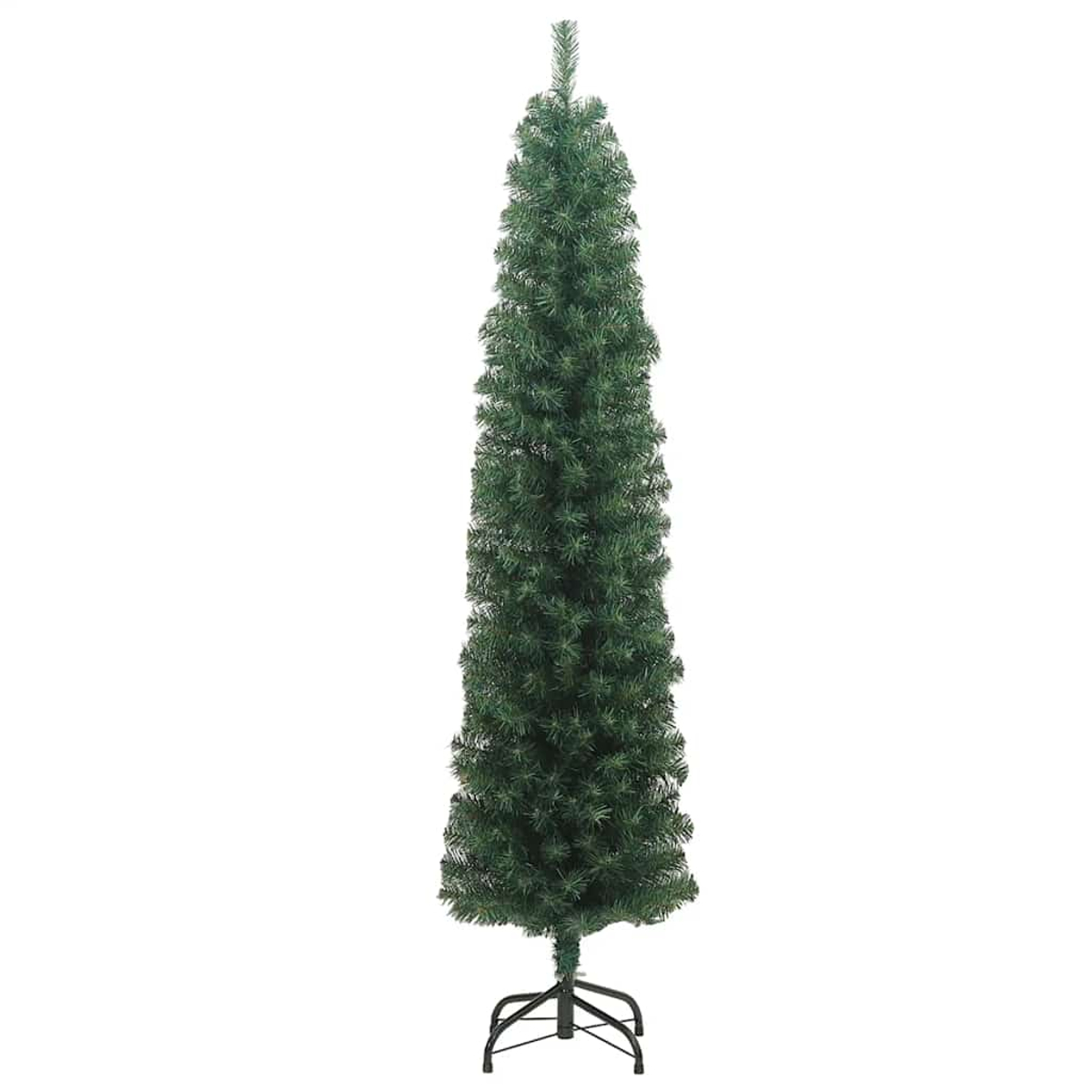 Ein hoher, schlanker künstlicher Weihnachtsbaum. Er ist grün mit einem schwarzen Metallständer. Der Hintergrund ist ein weißer, leerer Raum.