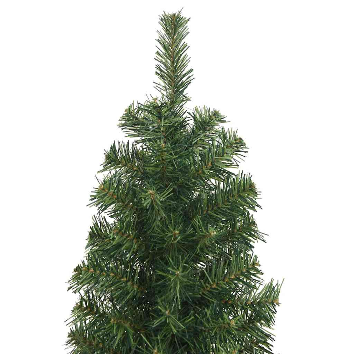 Nahaufnahme eines grünen Weihnachtsbaums. Die Nadeln sind detailliert, und der Hintergrund ist weiß. Die Spitze des Baumes ist sichtbar.
