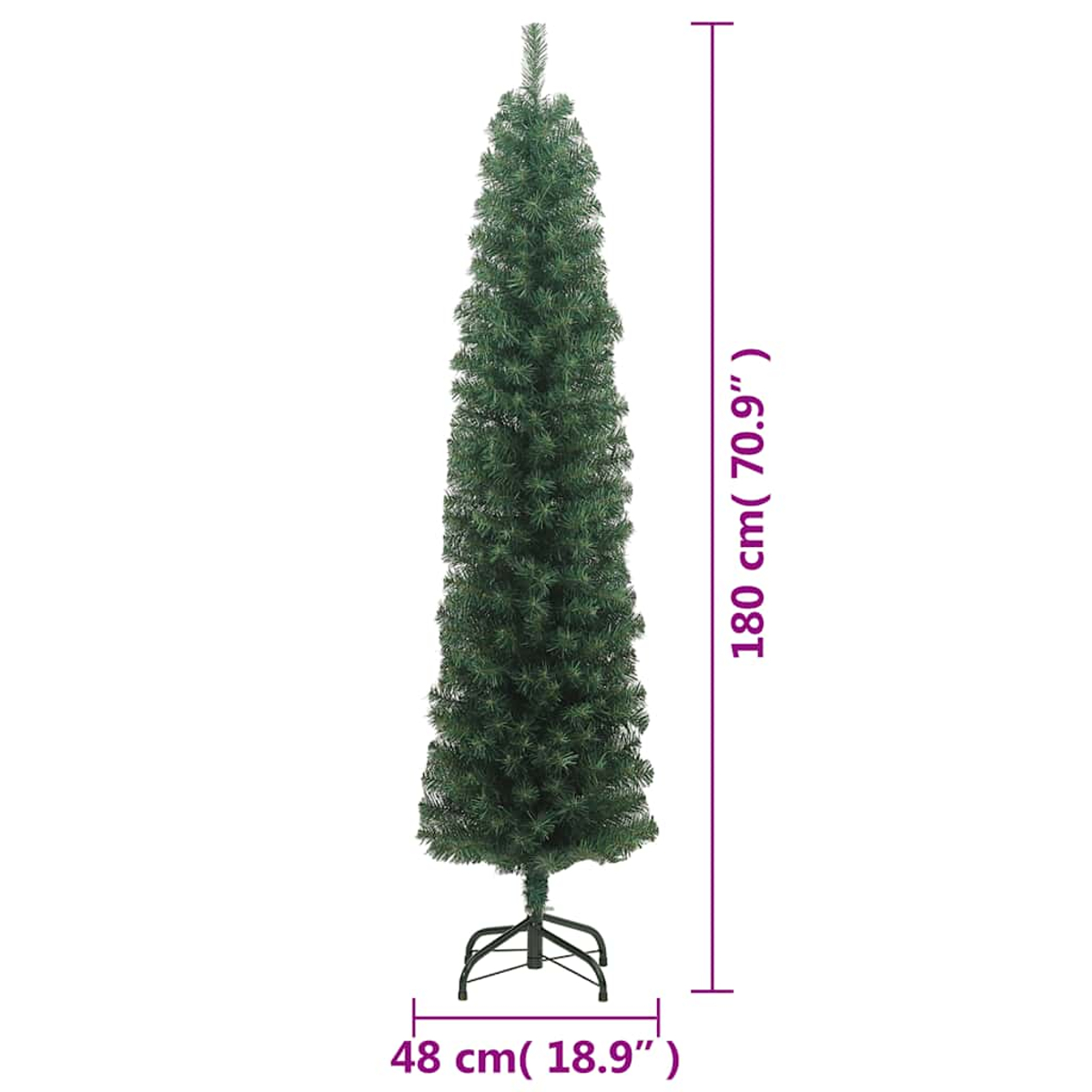 Ein grüner künstlicher Weihnachtsbaum steht aufrecht. Er ist 180 cm hoch und 48 cm breit an der Basis. Abmessungen sind mit lila Linien angegeben.