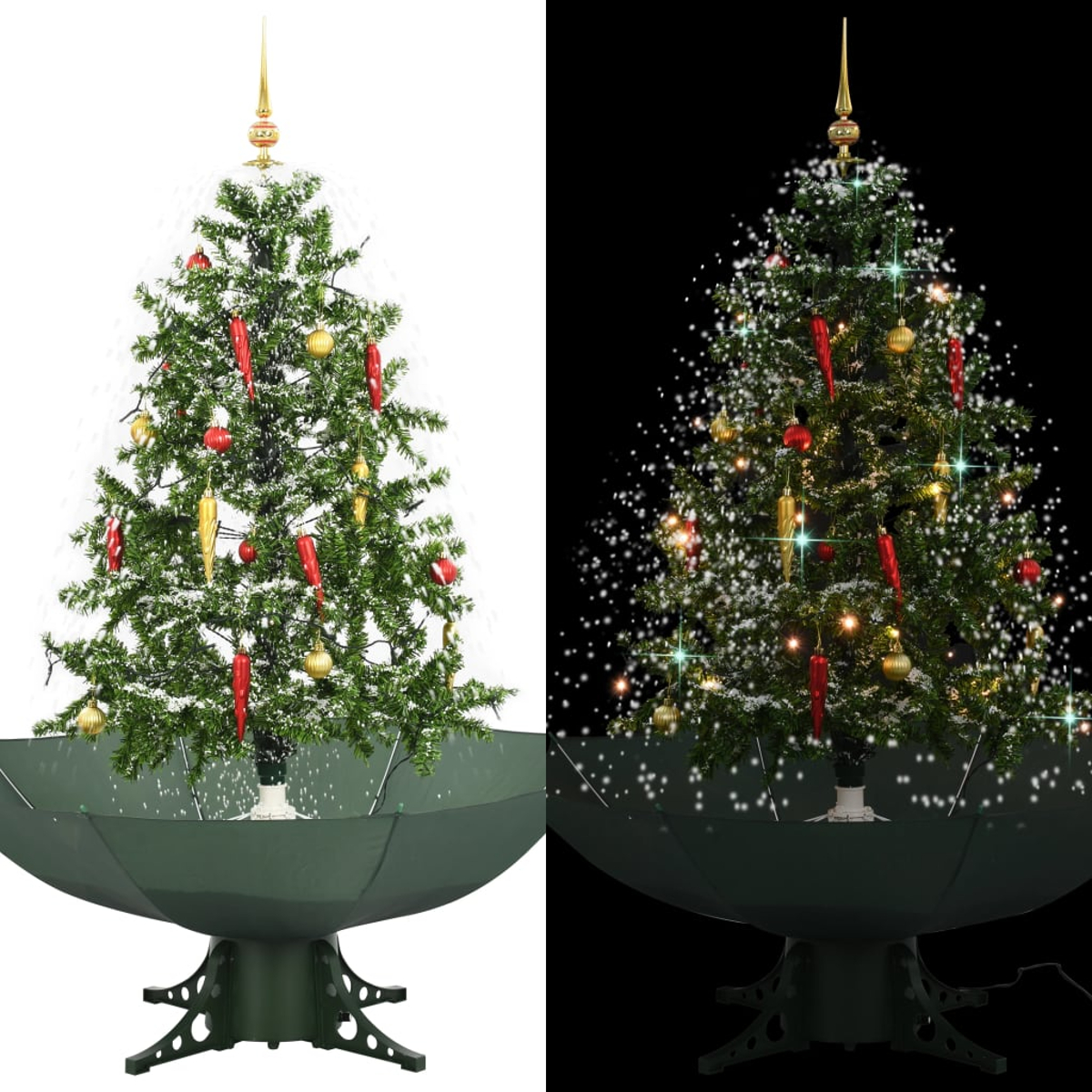 Ein geschmückter Weihnachtsbaum mit roten und goldenen Ornamenten und einem goldenen Stern. Er steht auf einer grünen Basis.
