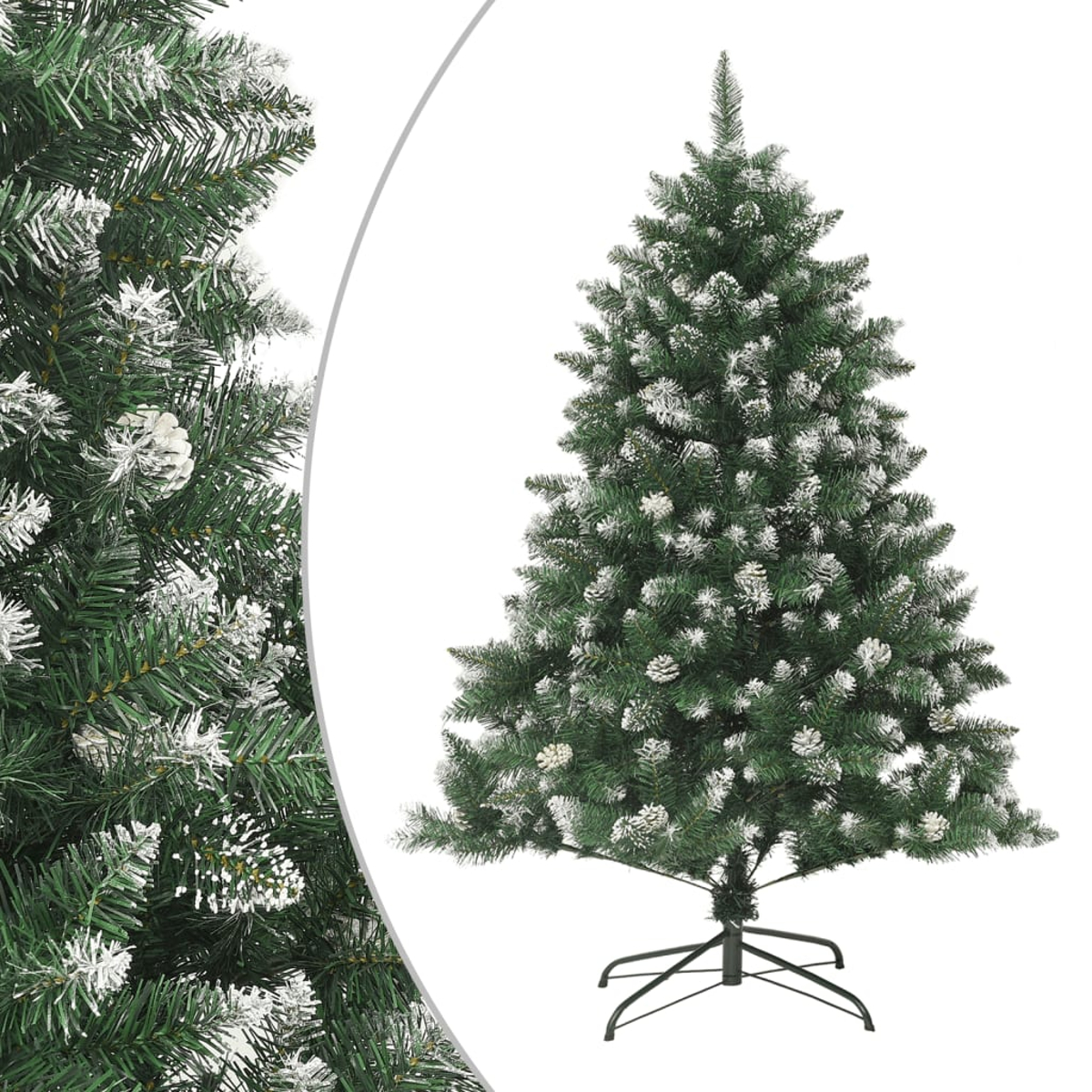 Ein grüner Weihnachtsbaum mit Kunstschnee und Tannenzapfen. Er steht auf einem schwarzen Metallständer, vor weißem Hintergrund.