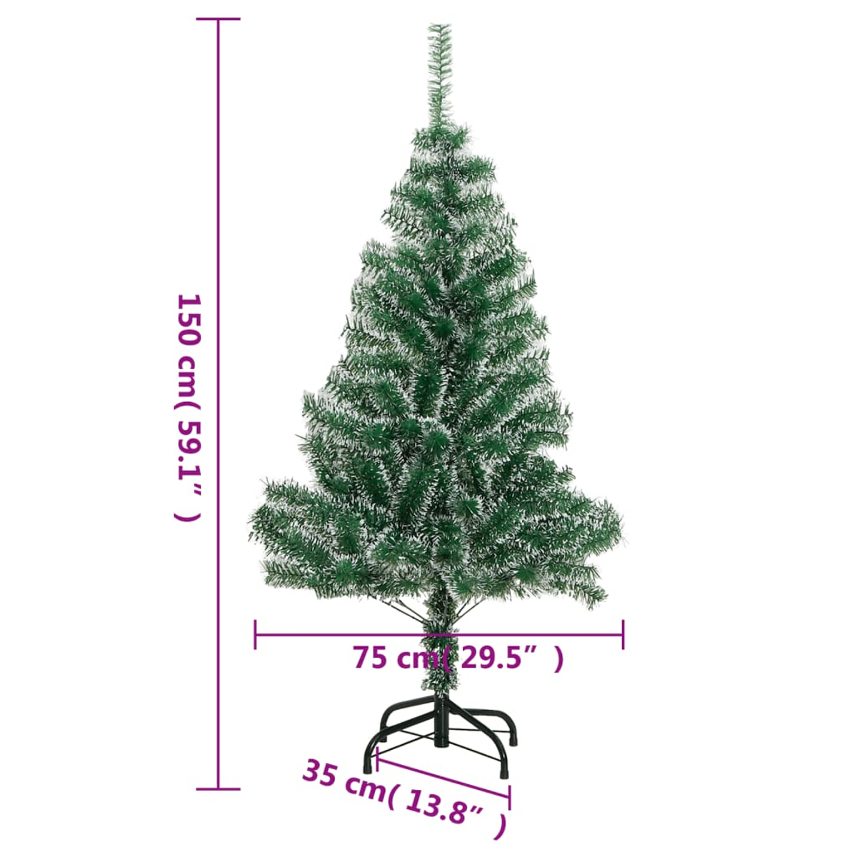 Ein grüner künstlicher Weihnachtsbaum mit weißen Akzenten. Abmessungen: Höhe 150 cm, Breite 75 cm, Basis 35 cm, vor weißem Hintergrund.
